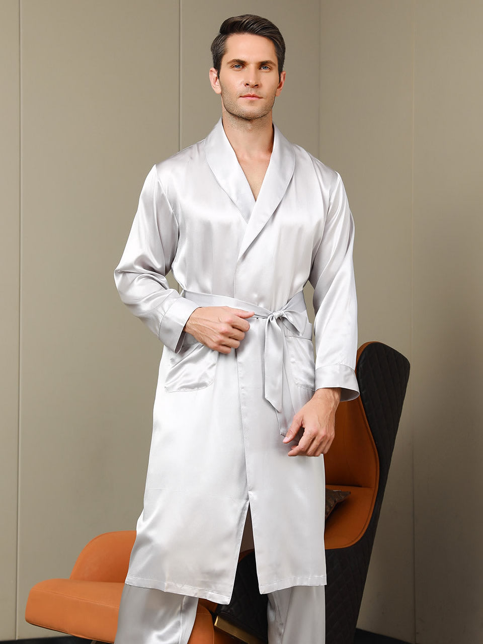 [Light Gray] SilkSilky-CA 19Momme Pure Silk Long Sleeve Lapel Men's Robe 001