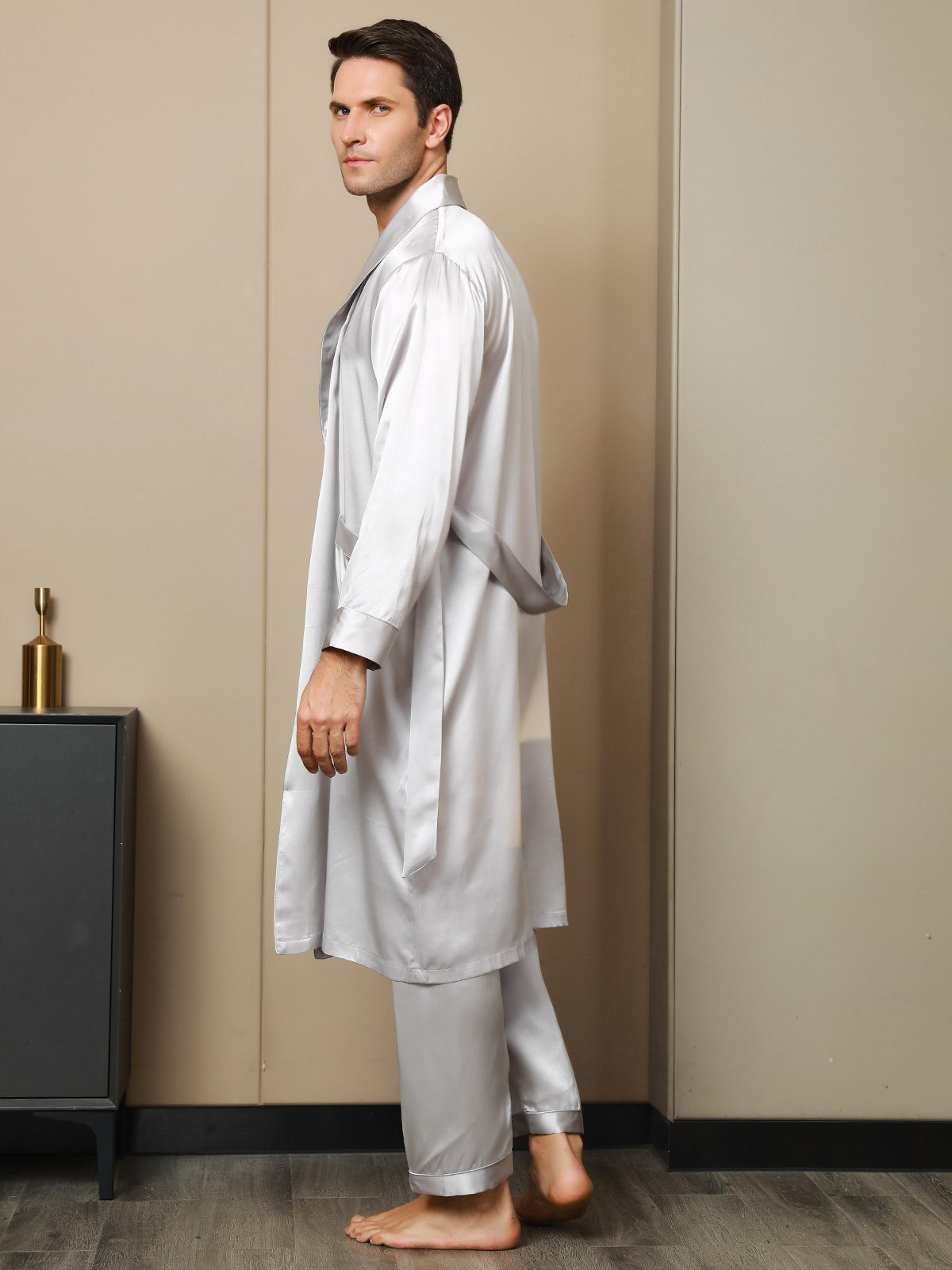 [Light Gray] SilkSilky-CA 19Momme Pure Silk Long Sleeve Lapel Men's Robe 002