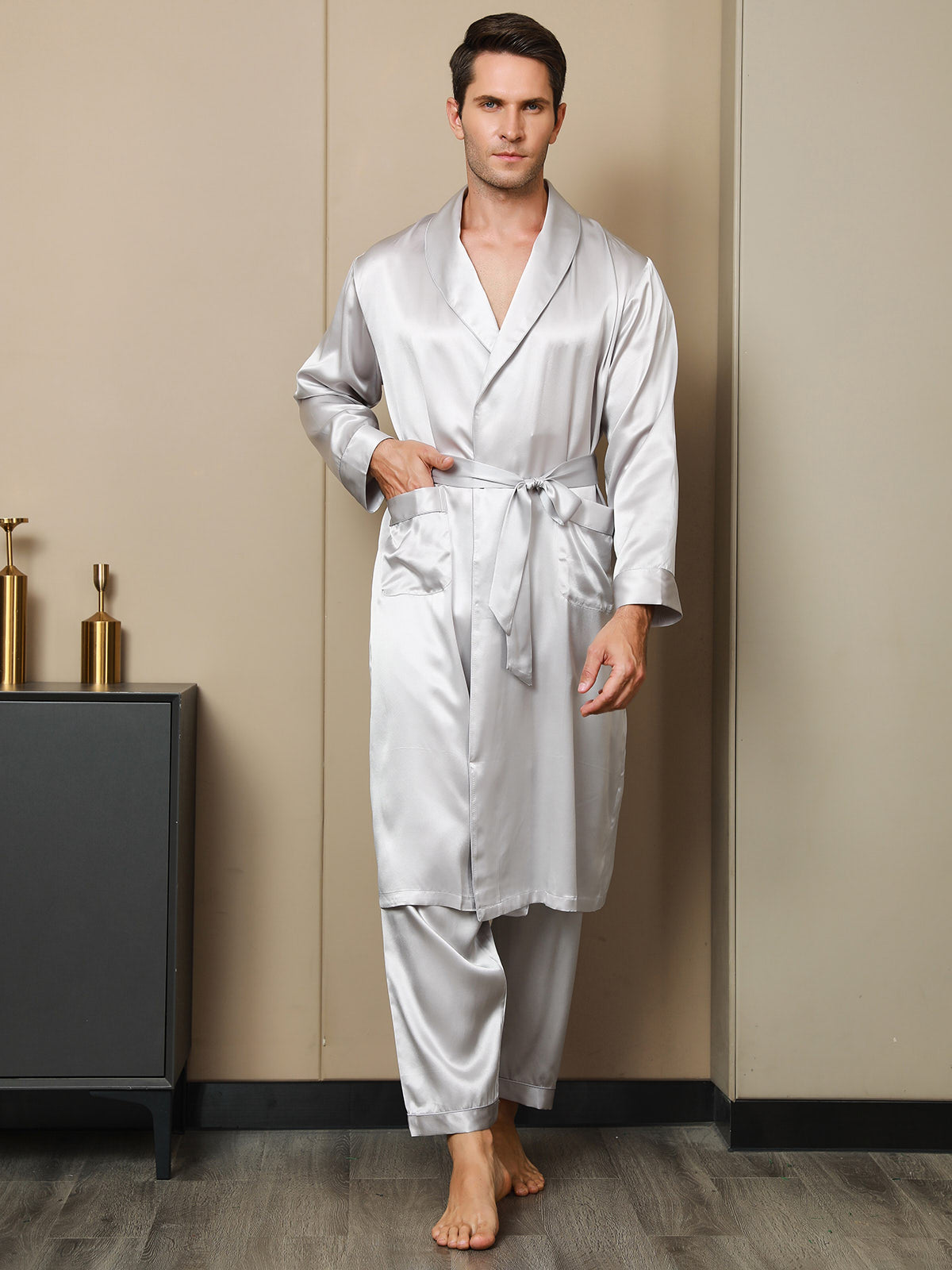 [Light Gray] SilkSilky-CA 19Momme Pure Silk Long Sleeve Lapel Men's Robe 006