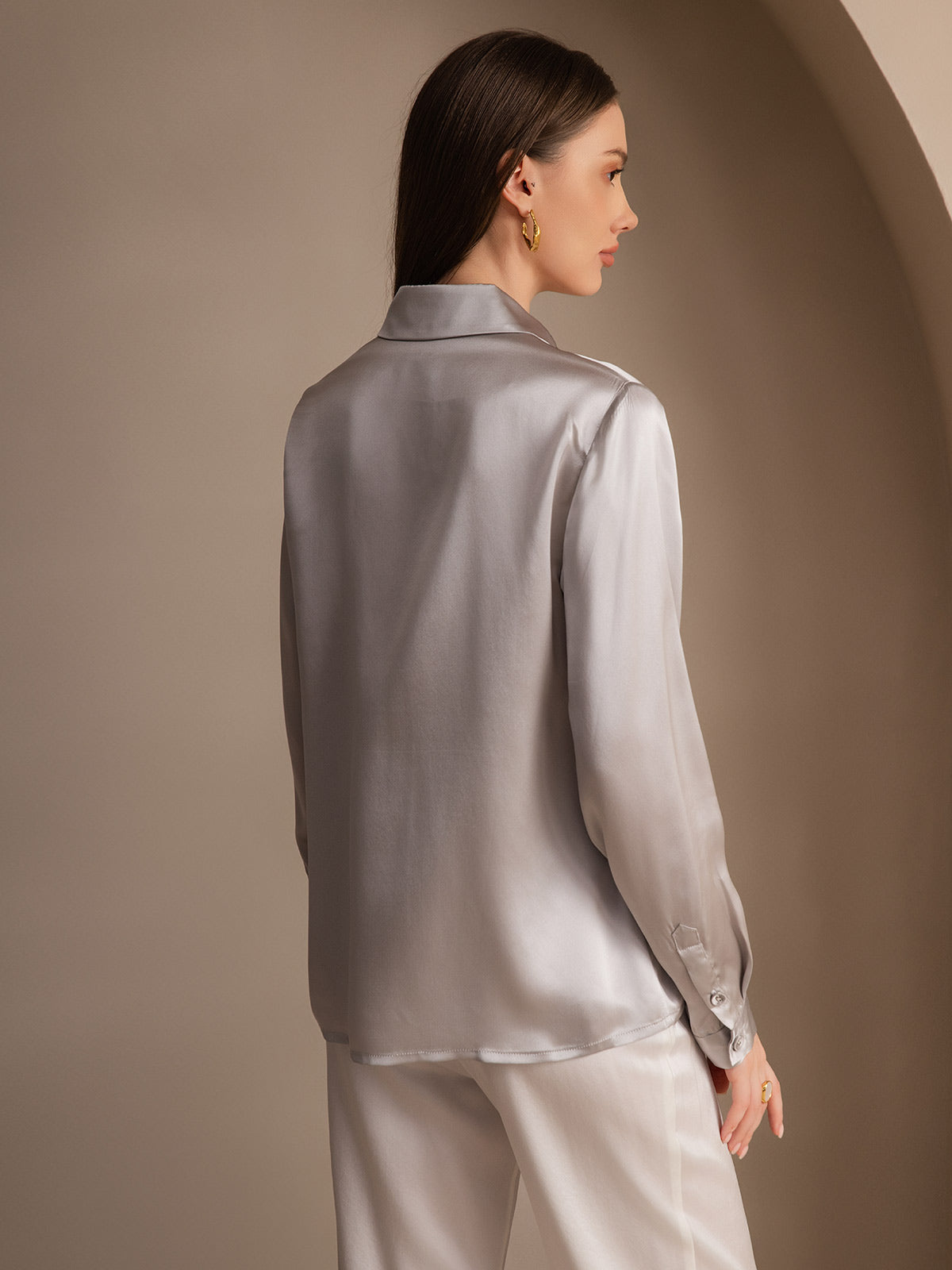 [Light Gray] SilkSilky-CA 19Momme Silk Lapel Collar Women's Shirt 002