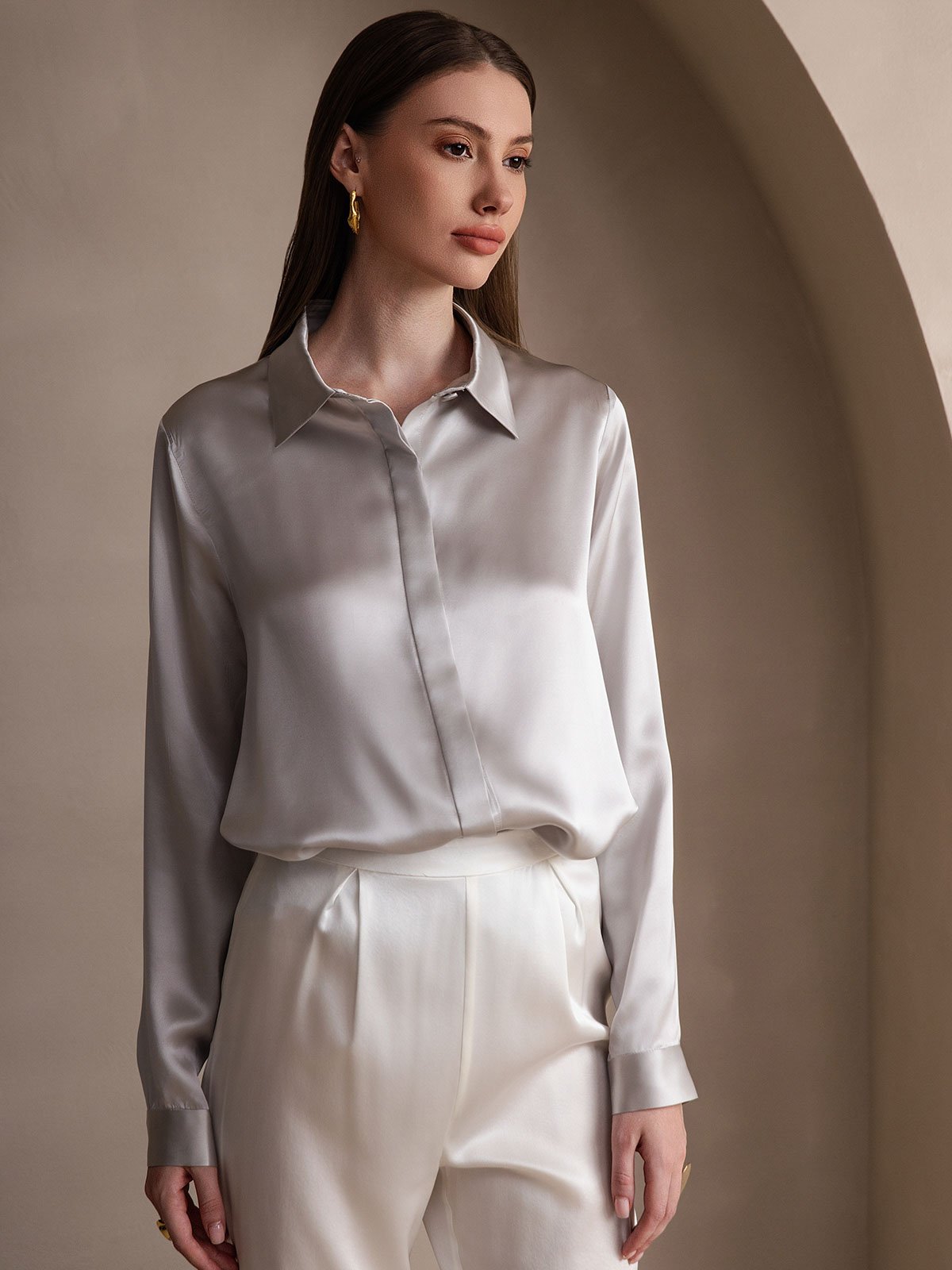 [Light Gray] SilkSilky-CA 19Momme Silk Lapel Collar Women's Shirt 003