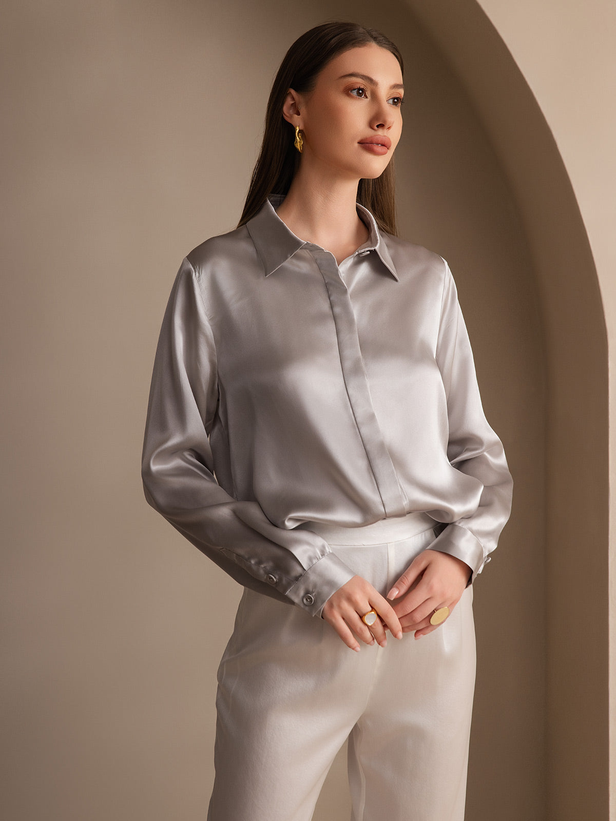 [Light Gray] SilkSilky-CA 19Momme Silk Lapel Collar Women's Shirt 004
