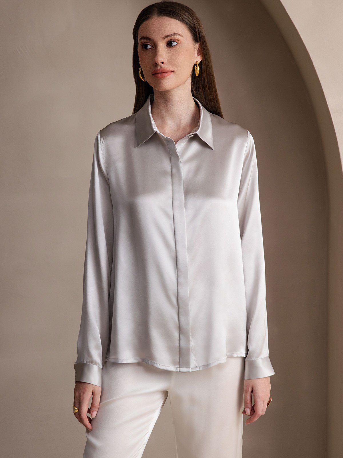 [Light Gray] SilkSilky-CA 19Momme Silk Lapel Collar Women's Shirt 005