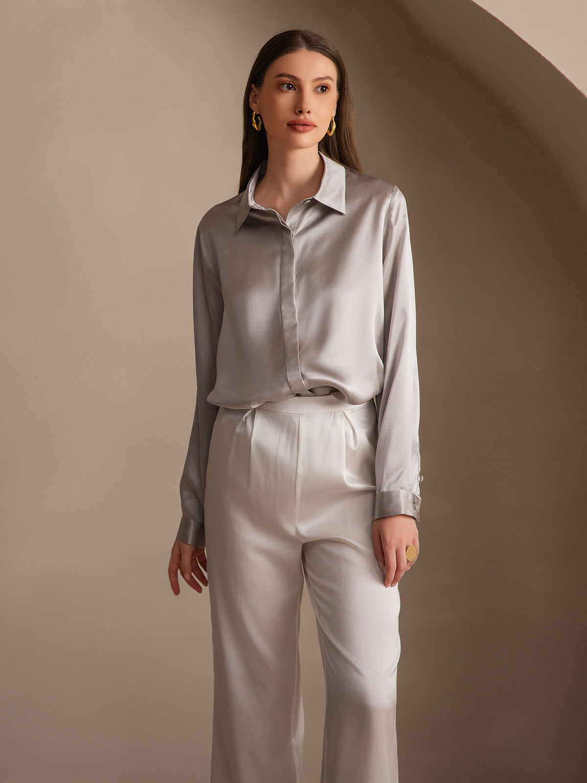 [Light Gray] SilkSilky-CA 19Momme Silk Lapel Collar Women's Shirt 006