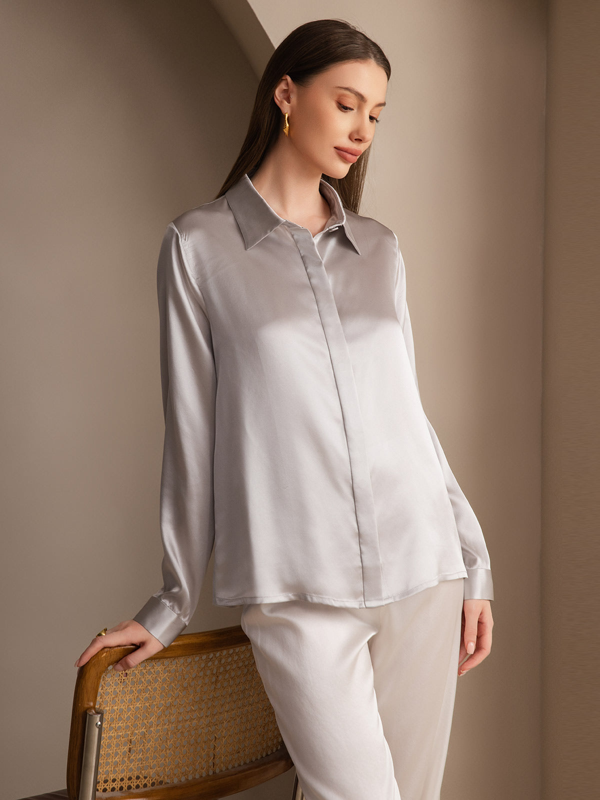 [Light Gray] SilkSilky-CA 19Momme Silk Lapel Collar Women's Shirt 007