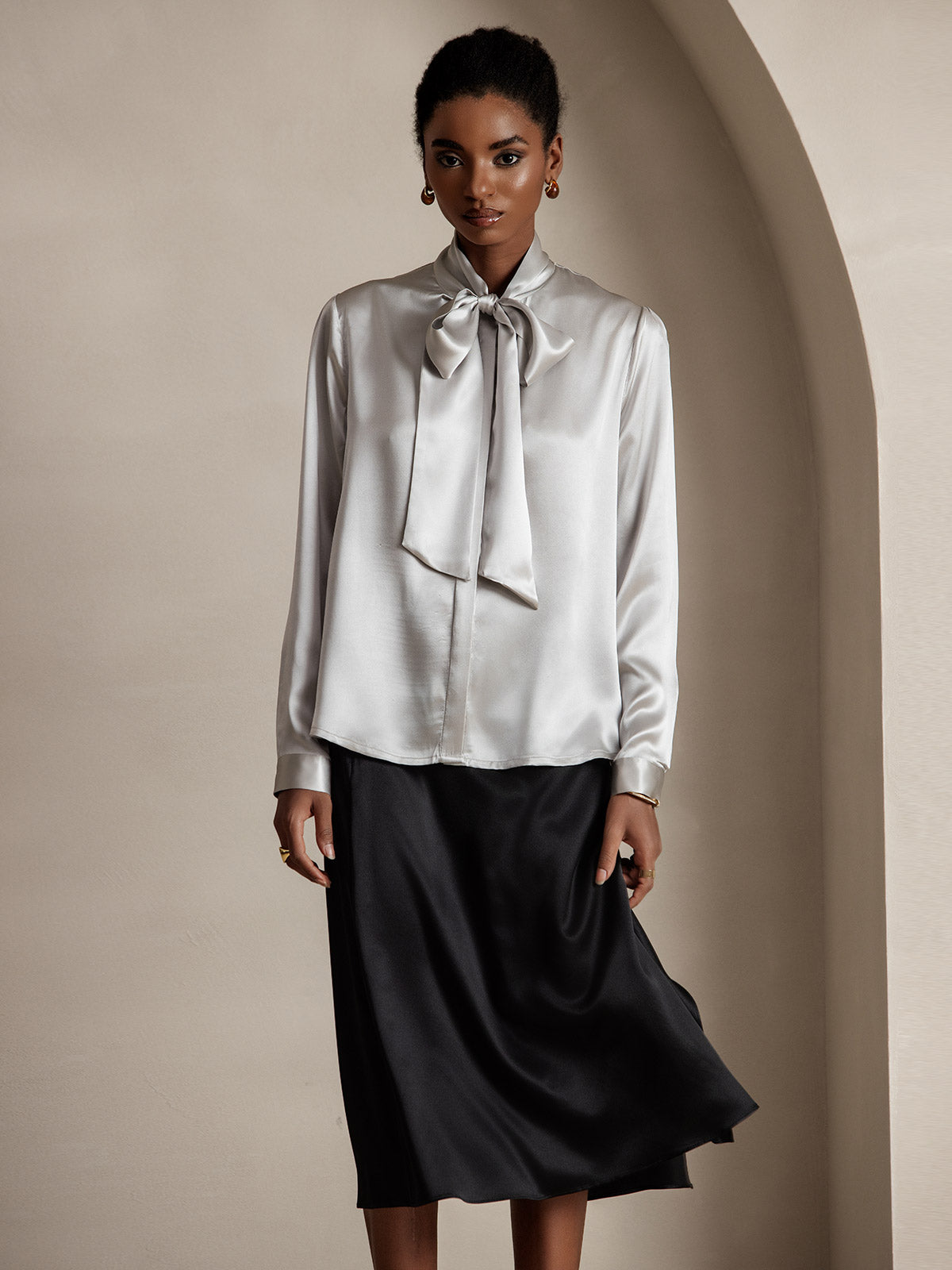 [Light Gray] SilkSilky-CA 19Momme Silk Long Sleeve Tie Neck Women's Shirt 001