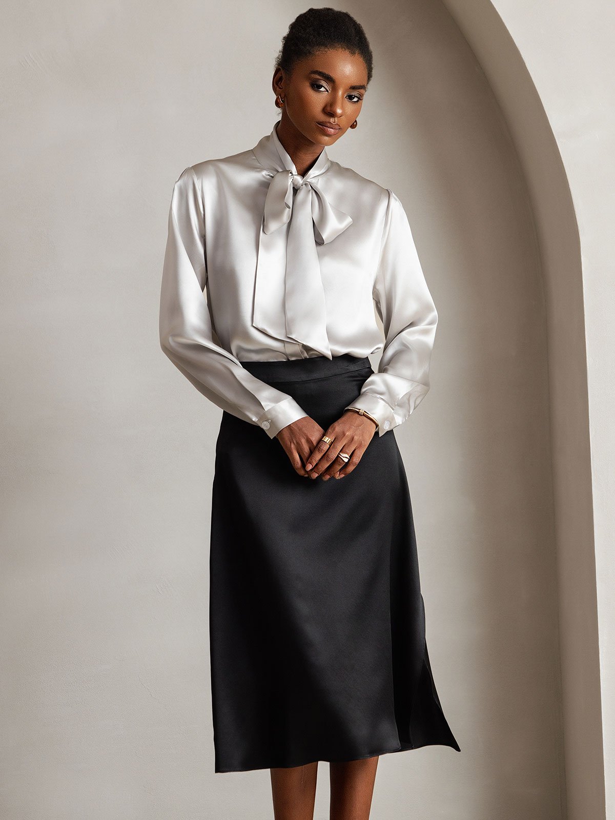 [Light Gray] SilkSilky-CA 19Momme Silk Long Sleeve Tie Neck Women's Shirt 005