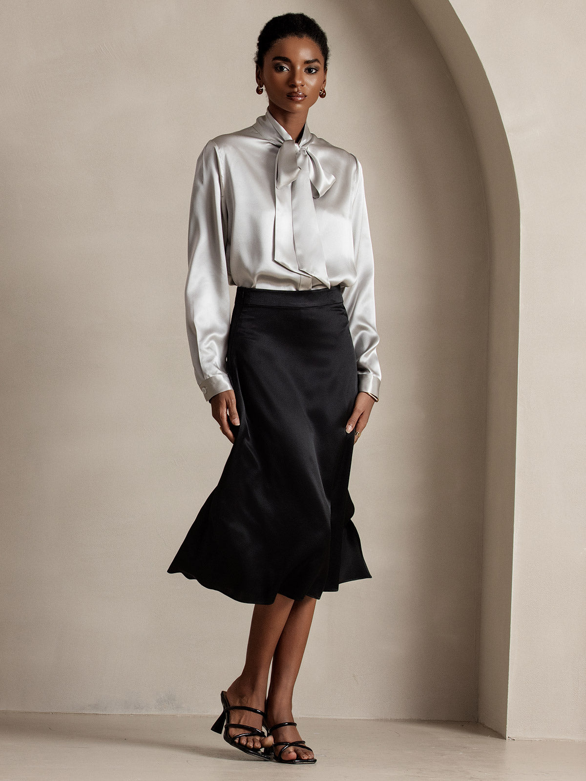 [Light Gray] SilkSilky-CA 19Momme Silk Long Sleeve Tie Neck Women's Shirt 007