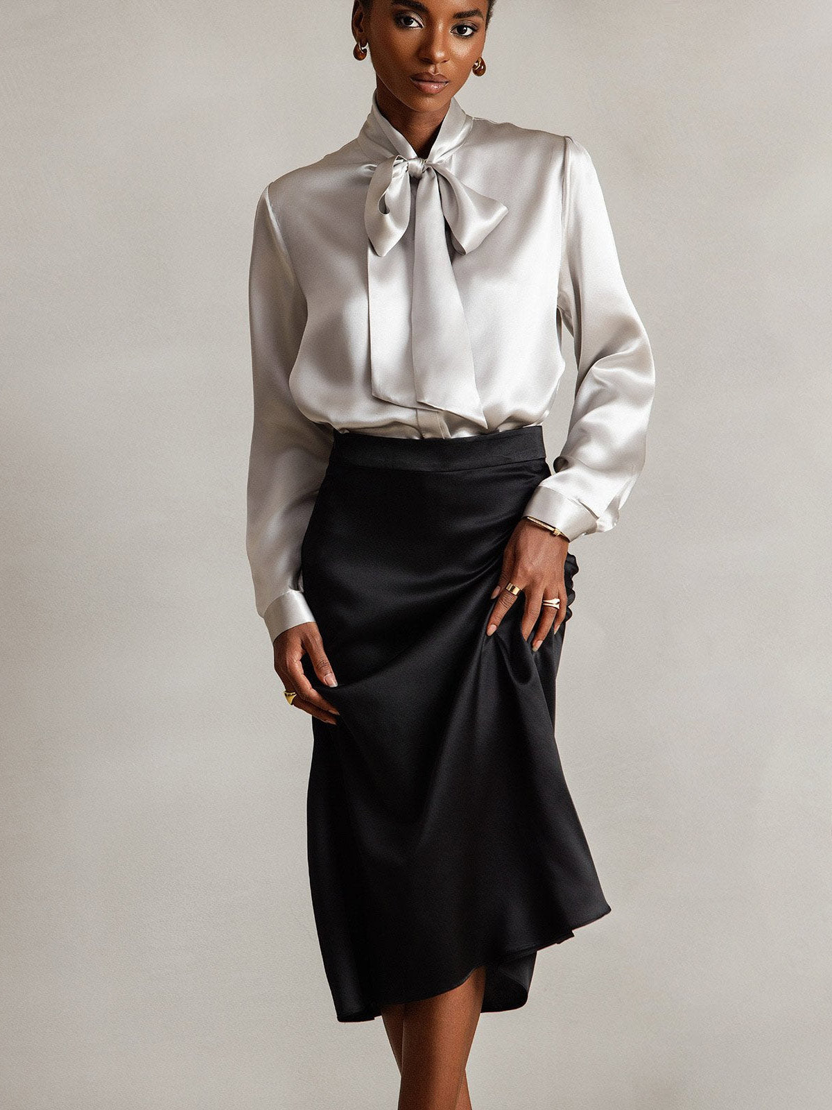 [Light Gray] SilkSilky-CA 19Momme Silk Long Sleeve Tie Neck Women's Shirt 008