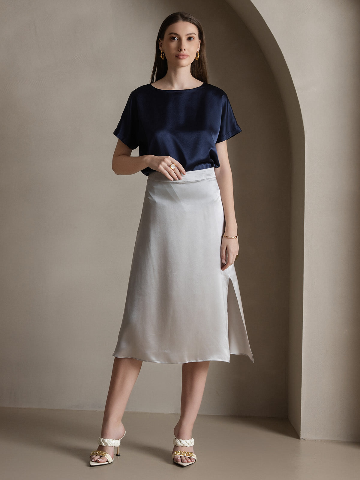 [Light Gray] SilkSilky-CA 19Momme Silk Skirt 002