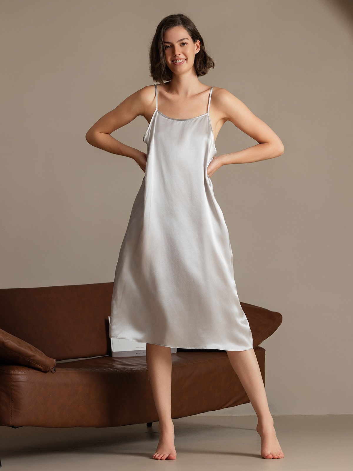 [Light Gray] SilkSilky-CA 19Momme Silk Sleeveless Dress 001