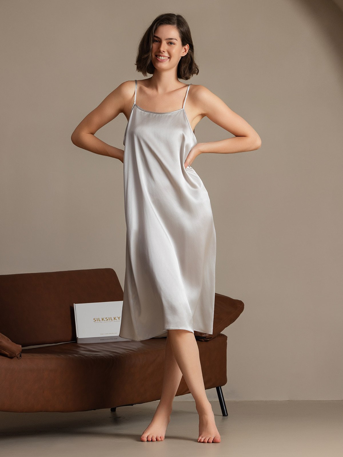 [Light Gray] SilkSilky-CA 19Momme Silk Sleeveless Dress 003