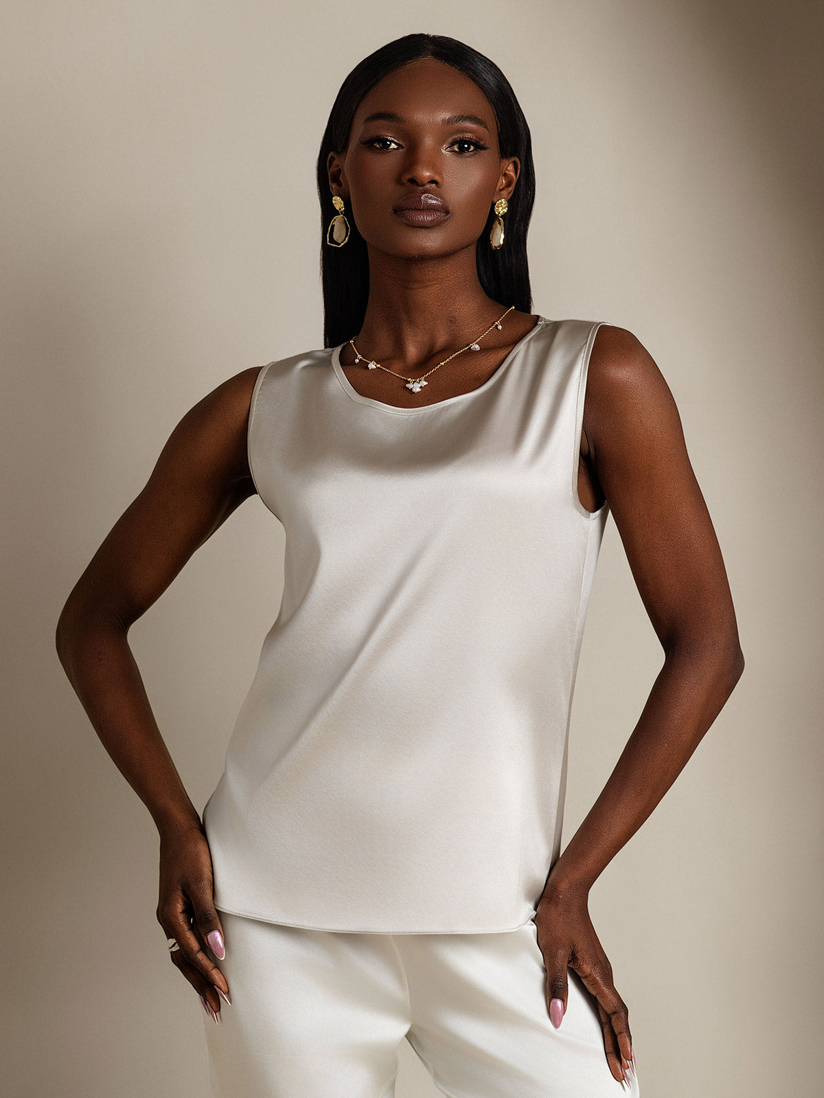 [Light Gray] SilkSilky-CA 19Momme Silk Sleeveless Round Neck Camisole 001