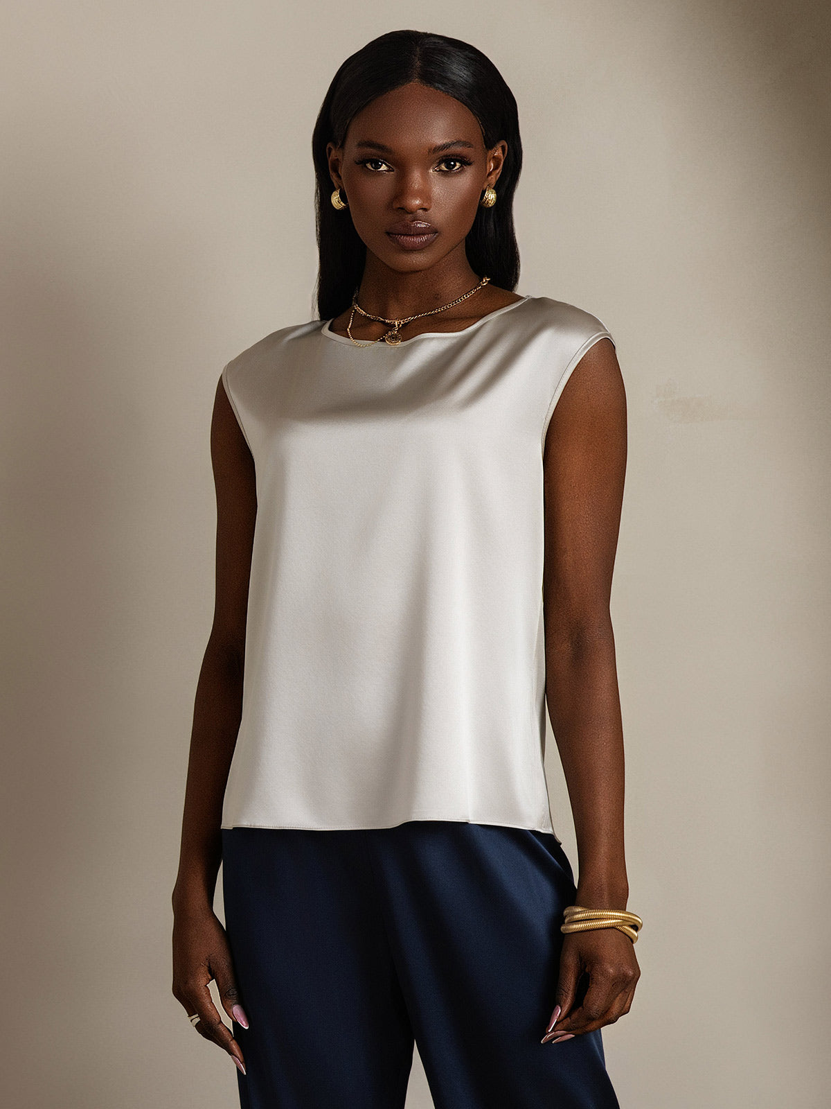 [Light Gray] SilkSilky-CA 19Momme Silk Sleeveless Round Neck Women's T-Shirt 001