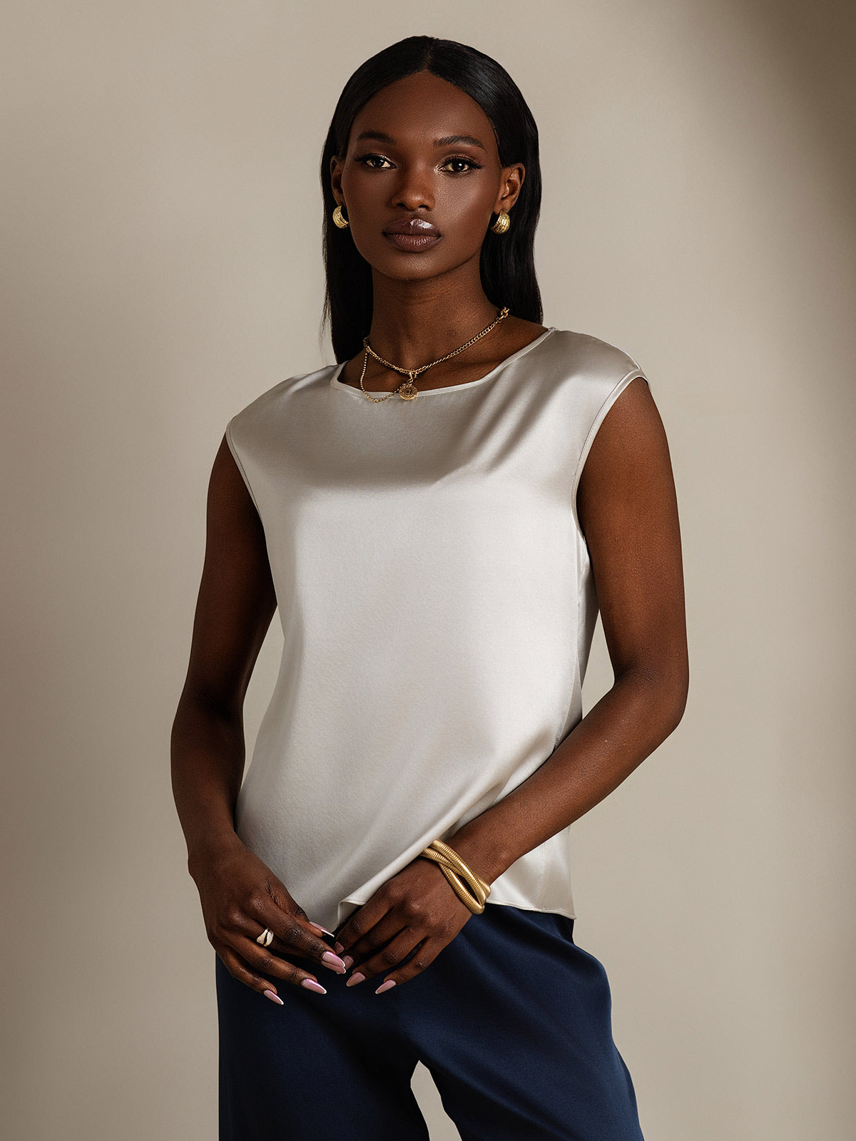 [Light Gray] SilkSilky-CA 19Momme Silk Sleeveless Round Neck Women's T-Shirt 003