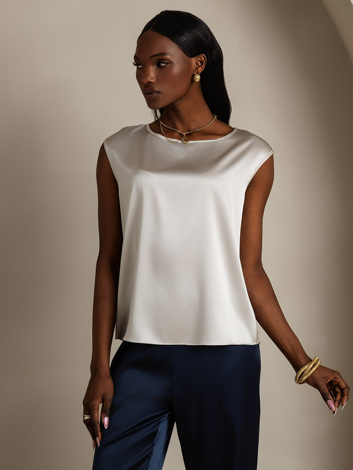 [Light Gray] SilkSilky-CA 19Momme Silk Sleeveless Round Neck Women's T-Shirt 004