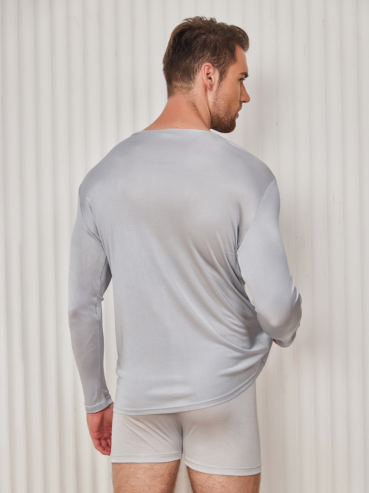 [Light Gray] SilkSilky-CA Silk Knitted Long Sleeve Round Neck Men's T-Shirt 002