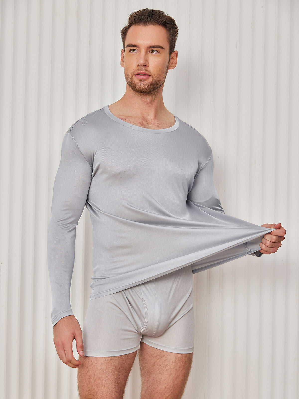 [Light Gray] SilkSilky-CA Silk Knitted Long Sleeve Round Neck Men's T-Shirt 003