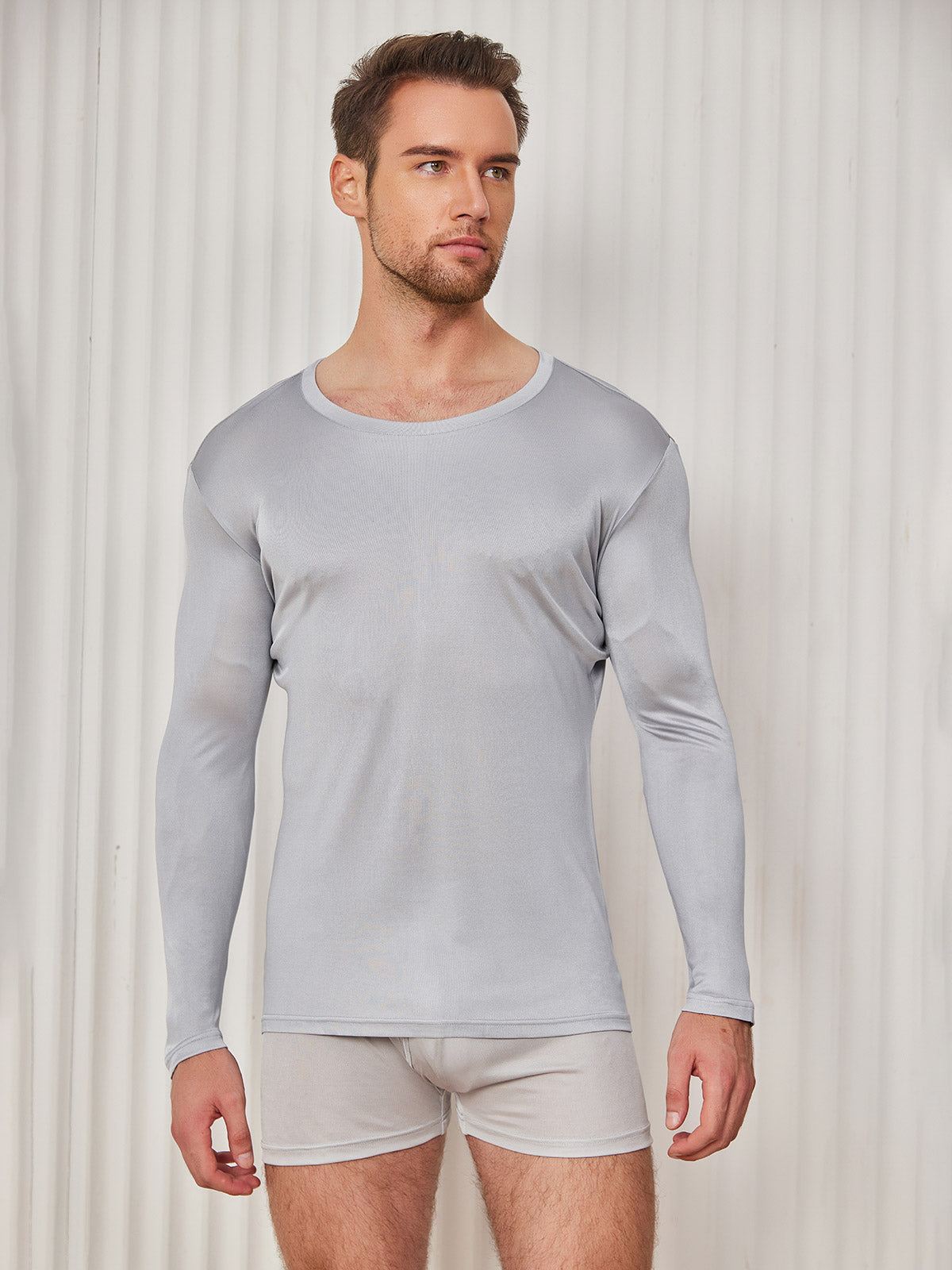 [Light Gray] SilkSilky-CA Silk Knitted Long Sleeve Round Neck Men's T-Shirt 004
