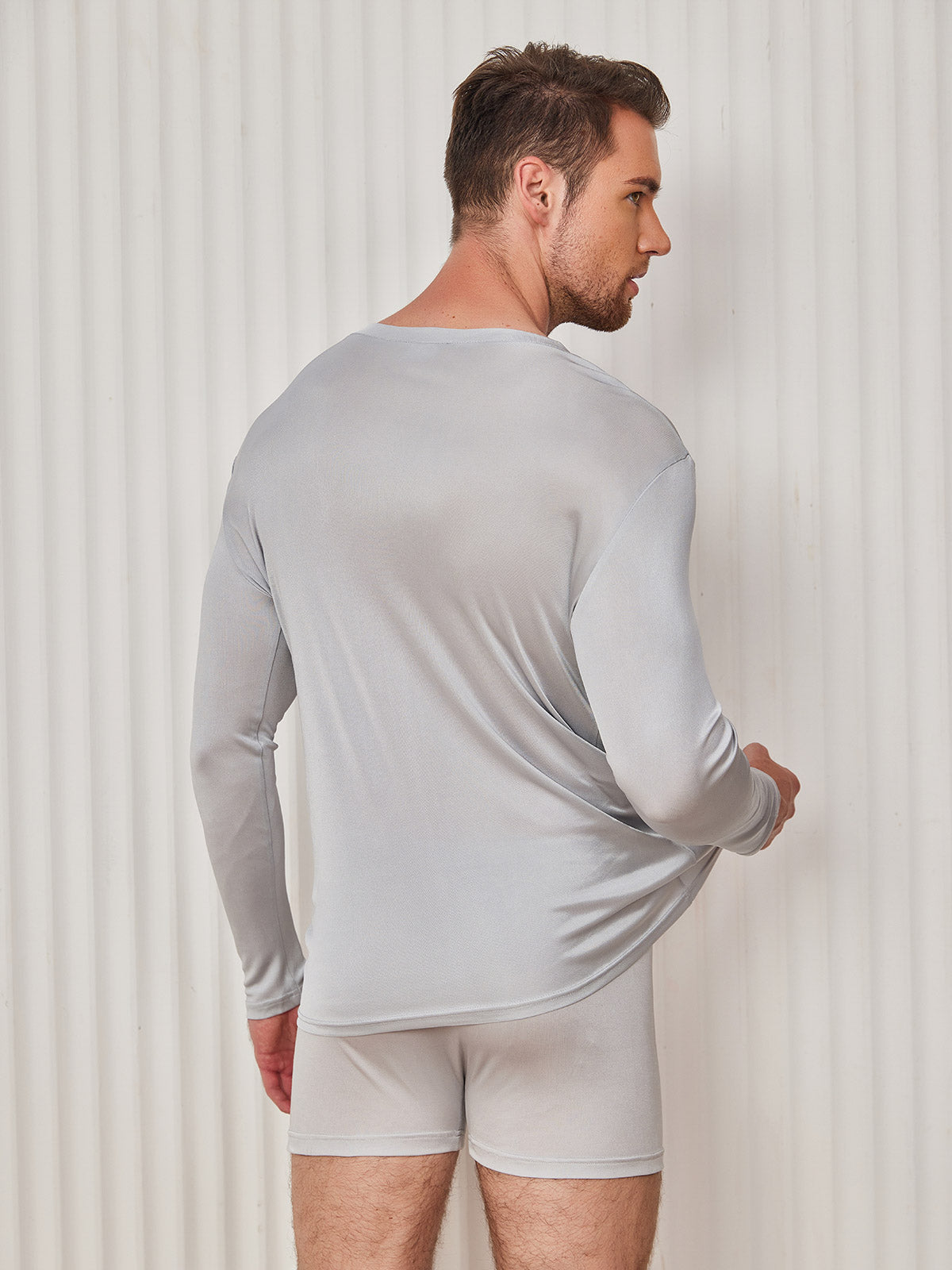 [Light Gray] SilkSilky-CA Silk Knitted Long Sleeve V Neck Men's T-Shirt 002