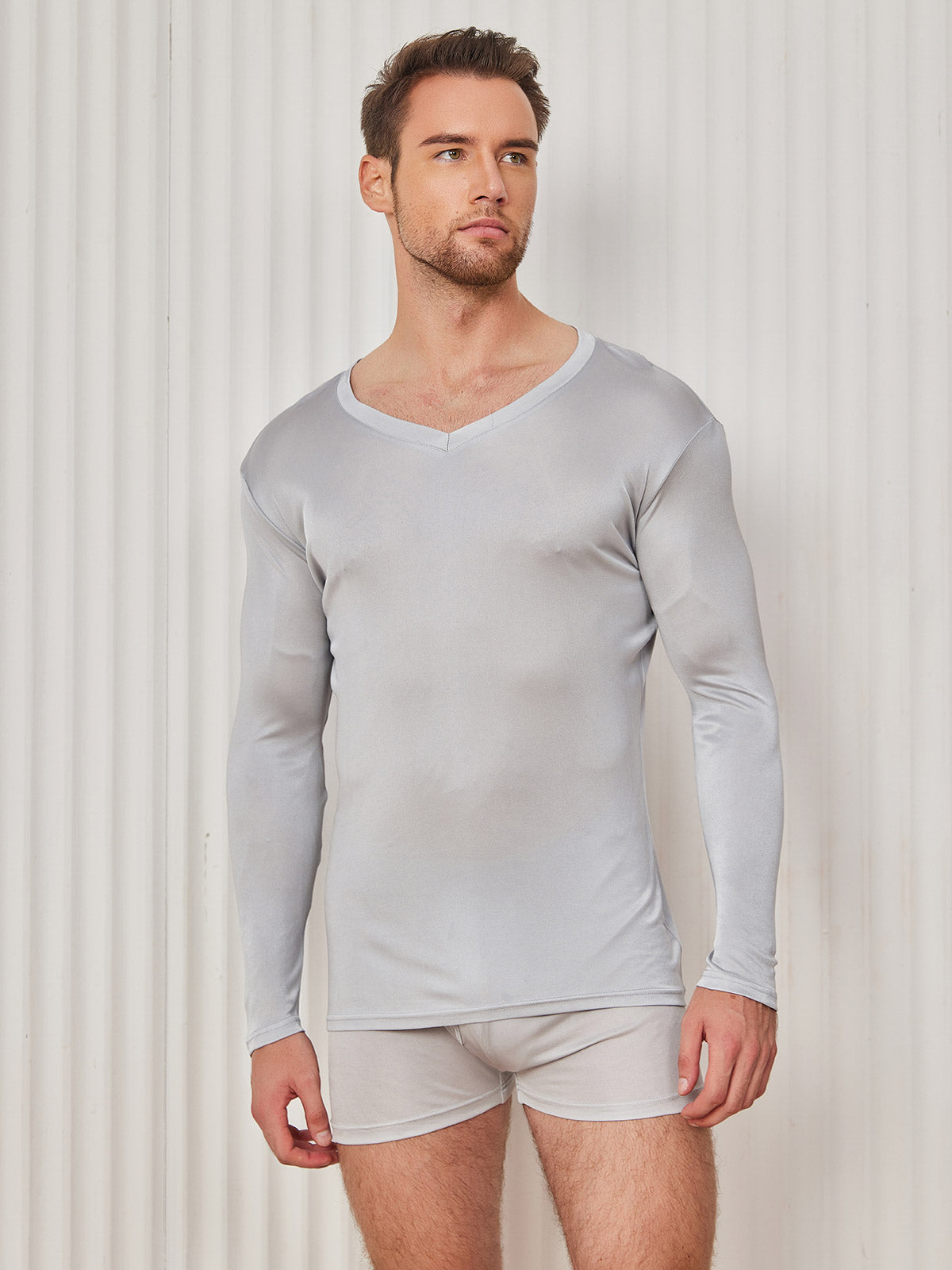 [Light Gray] SilkSilky-CA Silk Knitted Long Sleeve V Neck Men's T-Shirt 004