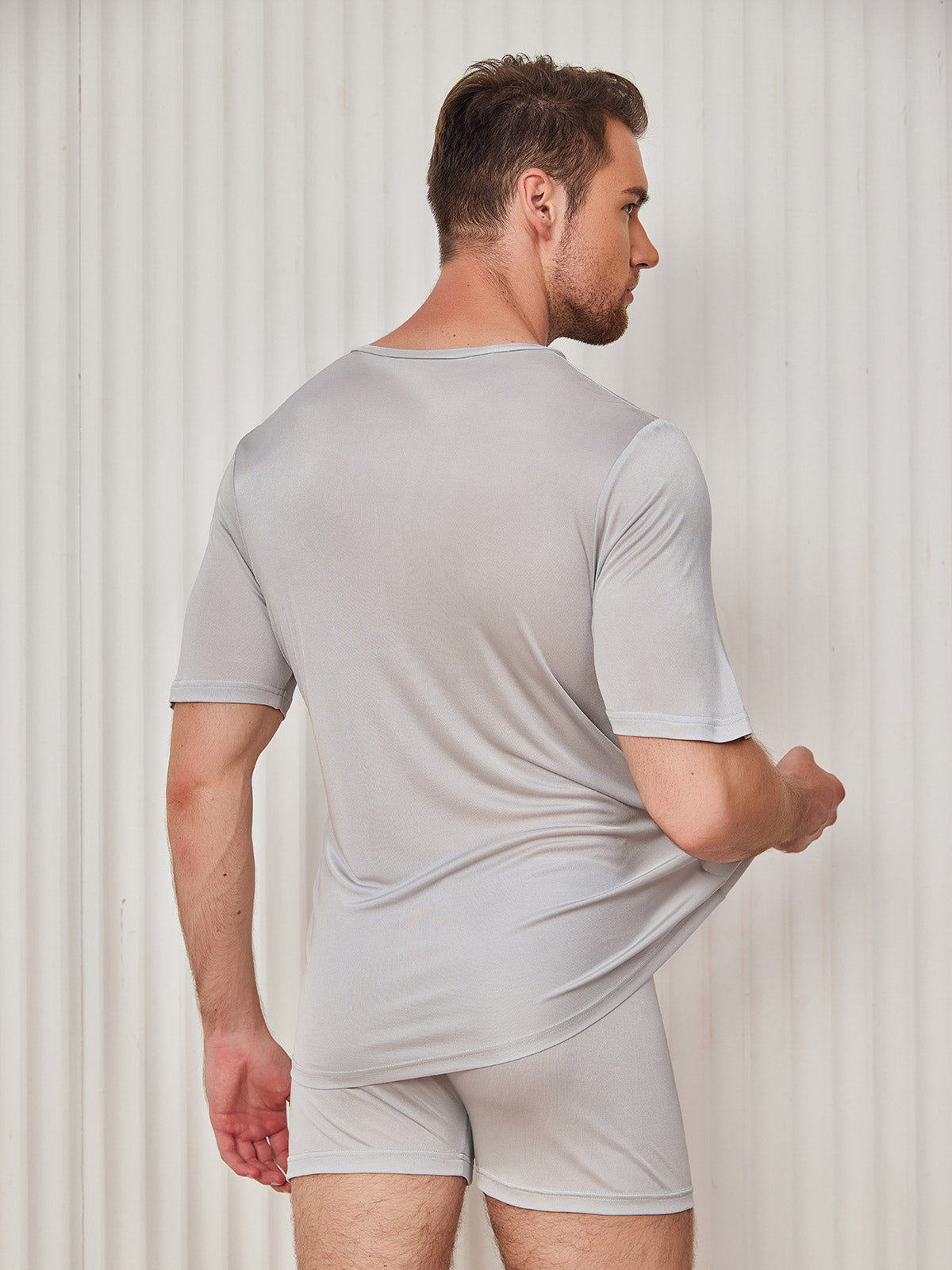 [Light Gray] SilkSilky-CA Silk Knitted Short Sleeve V Neck Men's T-Shirt 002
