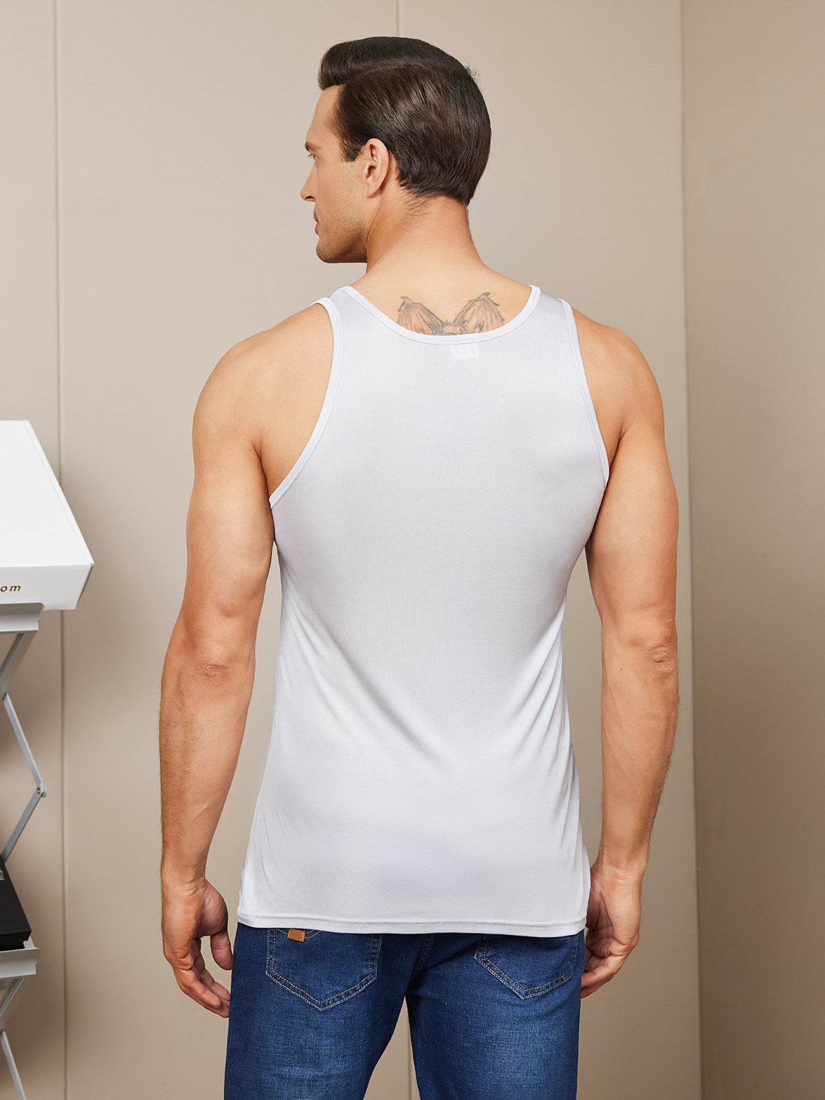 [Light Gray] SilkSilky-CA Silk Knitted Sleeveless Round Neck Men's T-Shirt 002