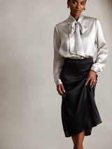 [Light Gray] SilkSilky-CA 19Momme Stretch Silk Charmeuse Long Sleeve Tie Neck Blouse 001
