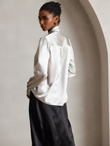 [Light Gray] SilkSilky-CA 19Momme Stretch Silk Charmeuse Long Sleeve Tie Neck Blouse 002