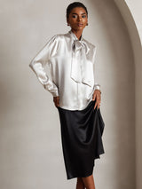 [Light Gray] SilkSilky-CA 19Momme Stretch Silk Charmeuse Long Sleeve Tie Neck Blouse 003