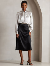[Light Gray] SilkSilky-CA 19Momme Stretch Silk Charmeuse Long Sleeve Tie Neck Blouse 006