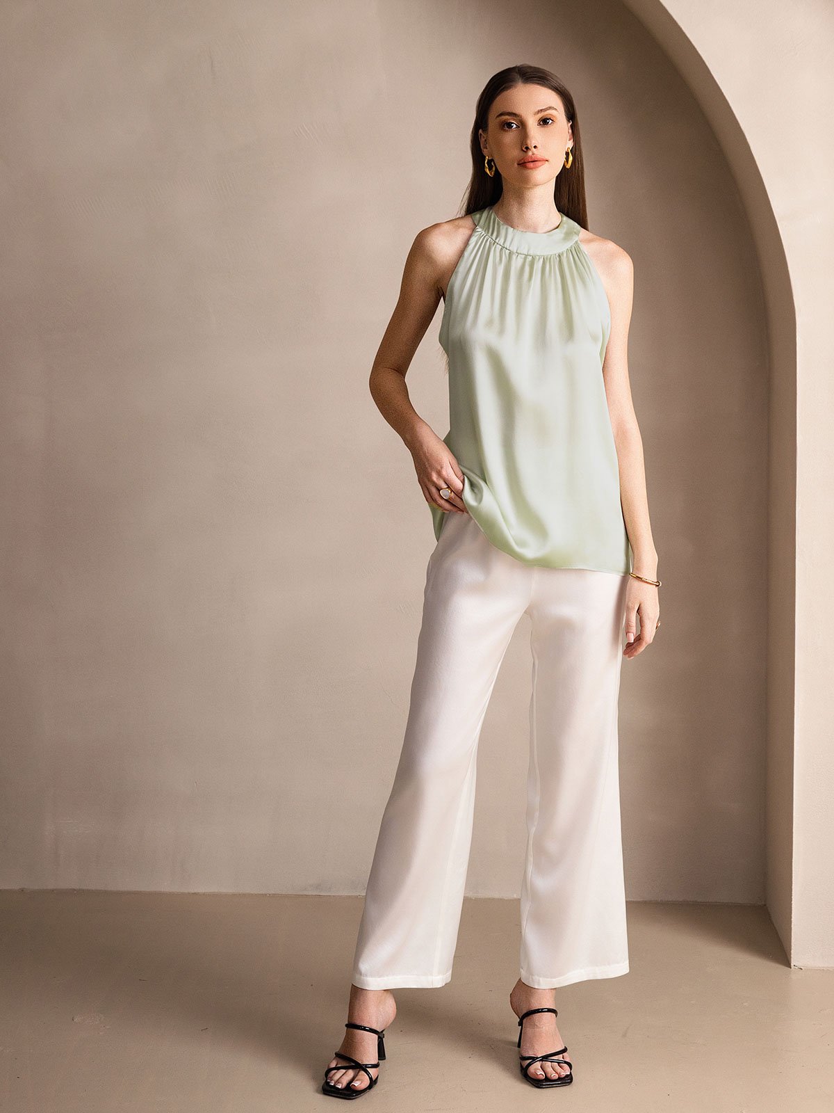 [Light Green] SilkSilky-CA 19Momme Silk Sleeveless Womens T-Shirt 005