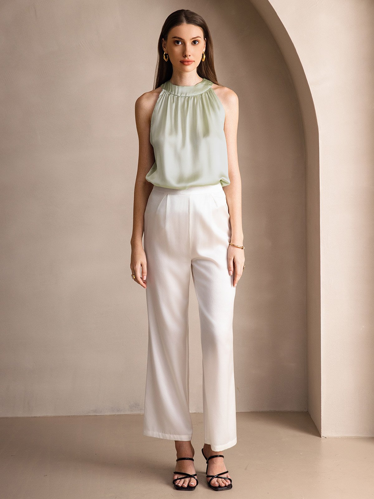 [Light Green] SilkSilky-CA 19Momme Silk Sleeveless Womens T-Shirt 006