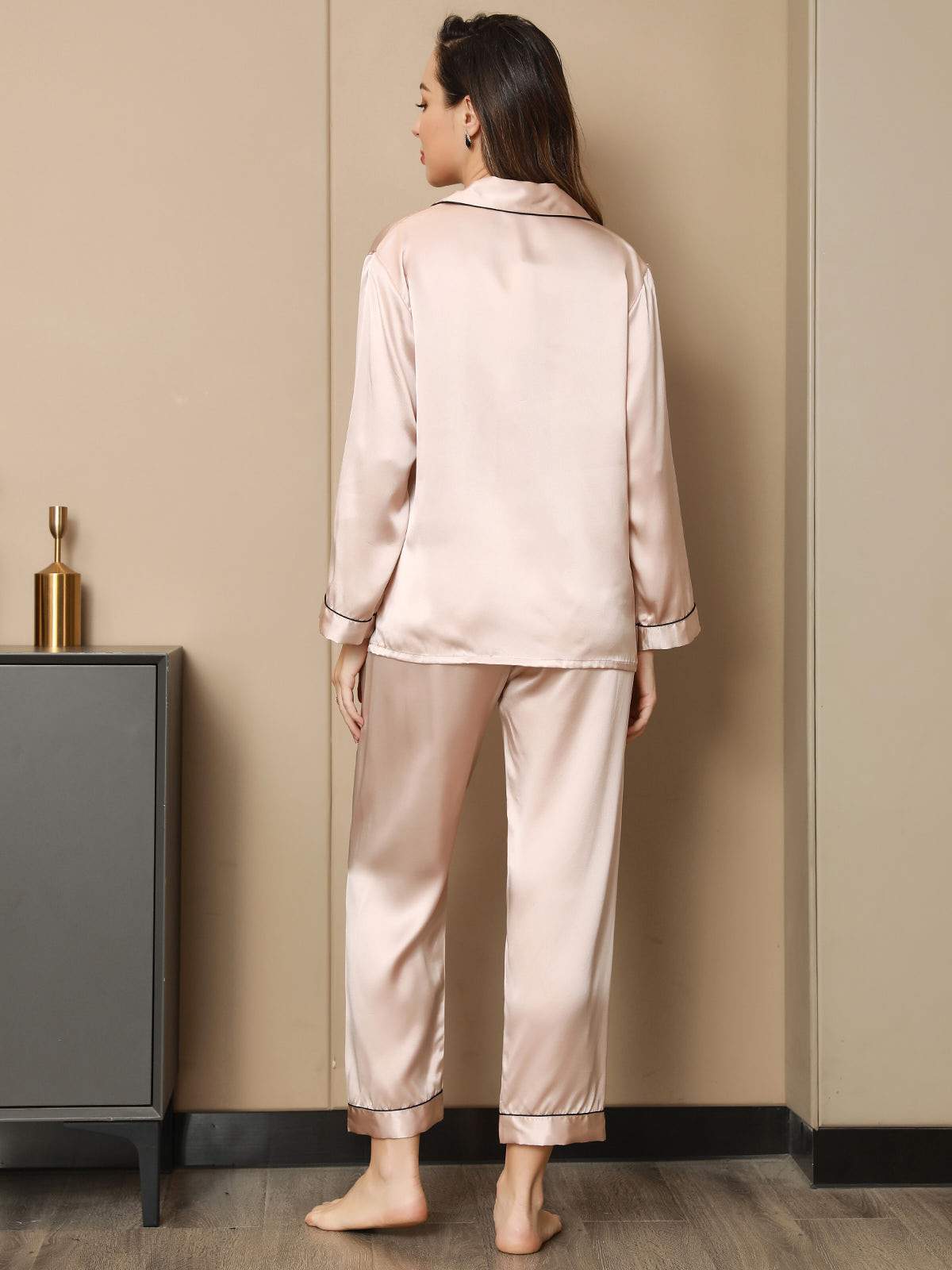 [Light Pink] SilkSilky-CA Pure Silk Long Sleeve Lapel Women's Pajamas 002