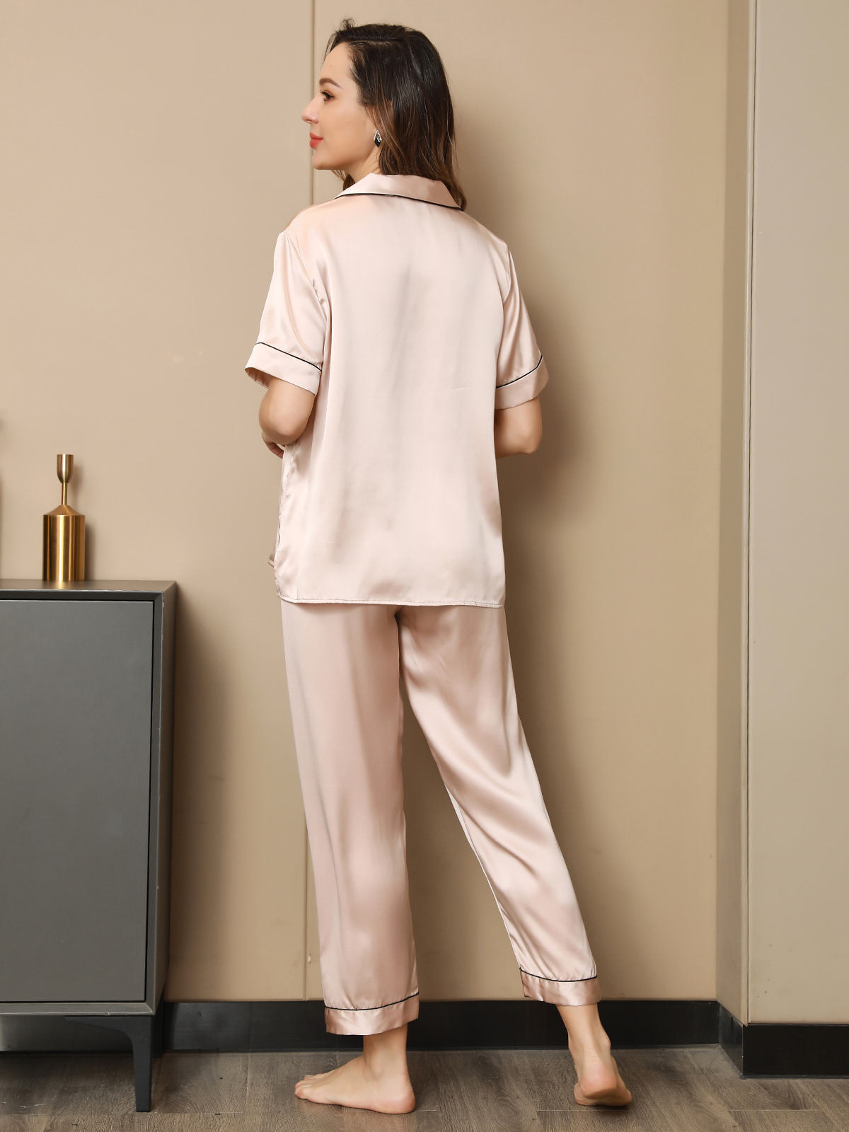 [Light Pink] SilkSilky-CA Pure Silk Short Sleeve Lapel Women's Pajamas 002