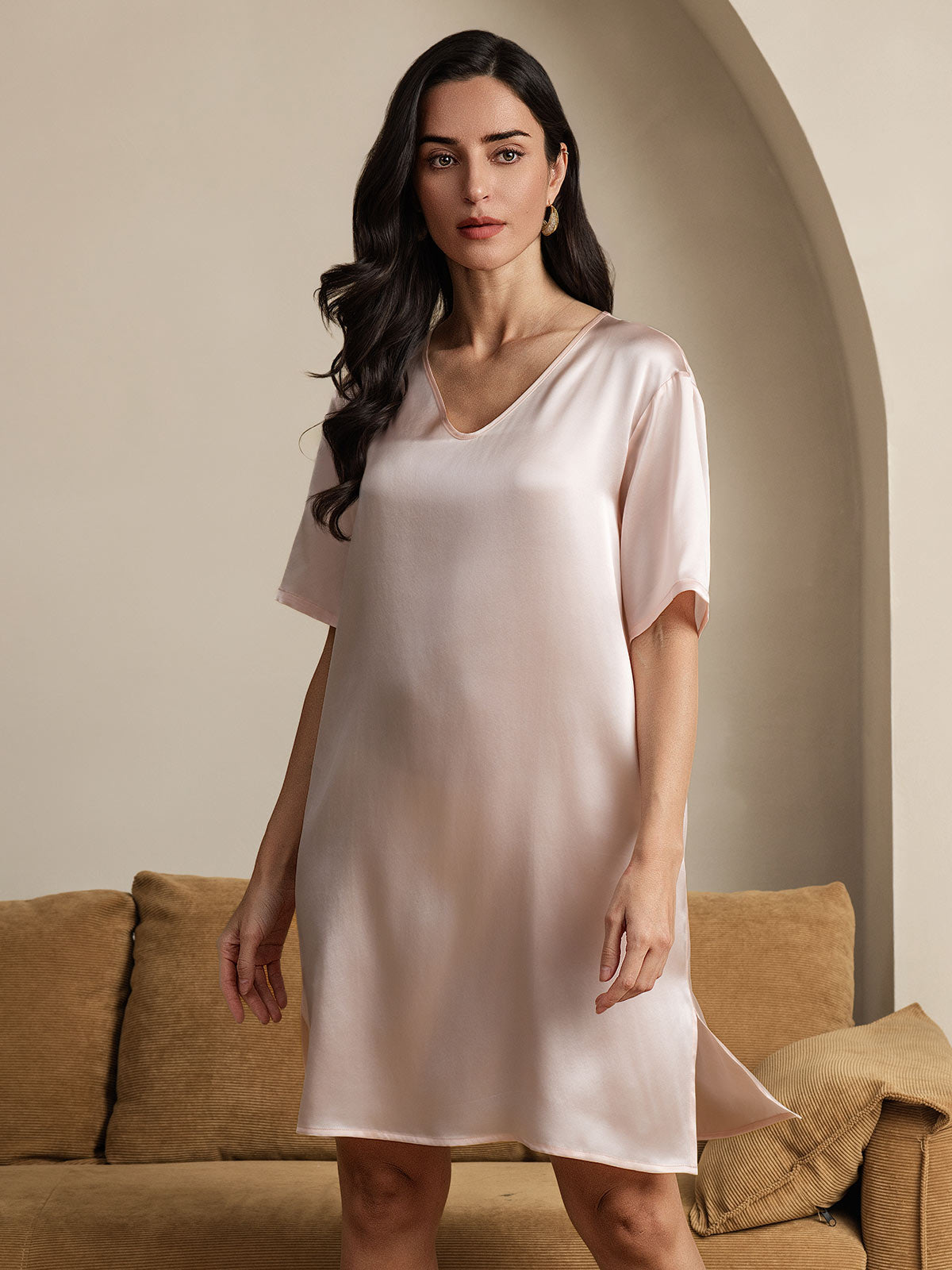 [Light Pink] SilkSilky-CA Pure Silk V Neck Nightgown 004