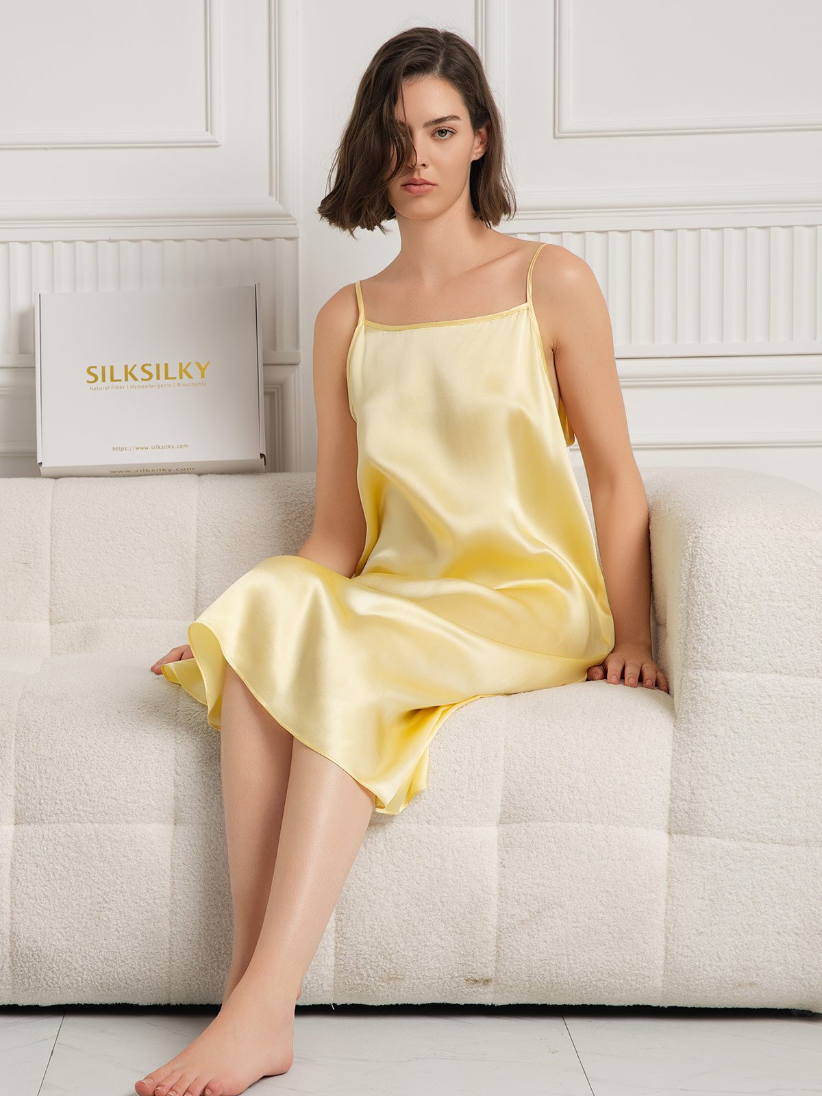 [Light Yellow] SilkSilky-CA 19Momme Silk Sleeveless Dress 006
