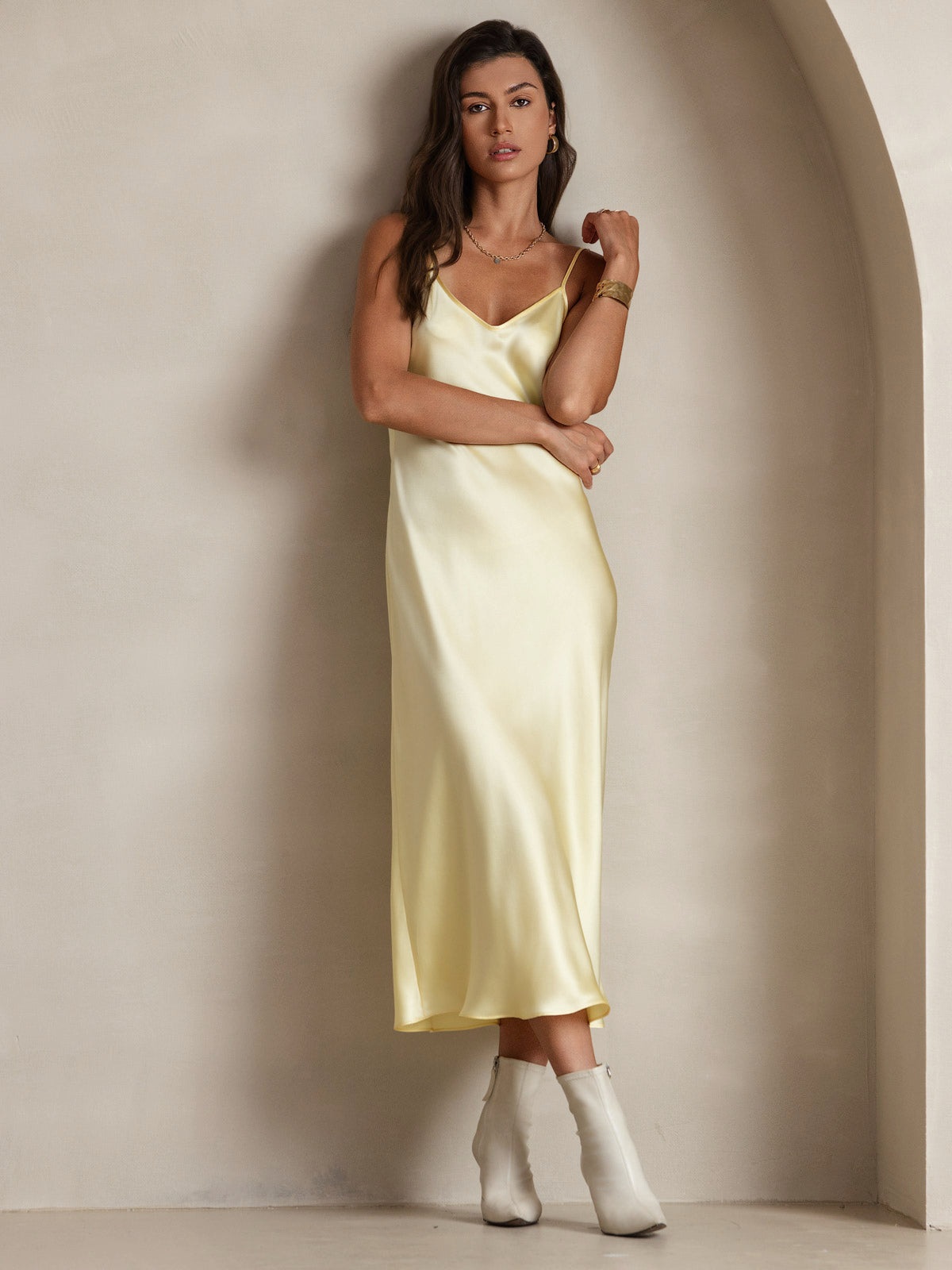 [Light Yellow] SilkSilky-CA Pure Silk Sleeveless Boat Neck Nightgown 005
