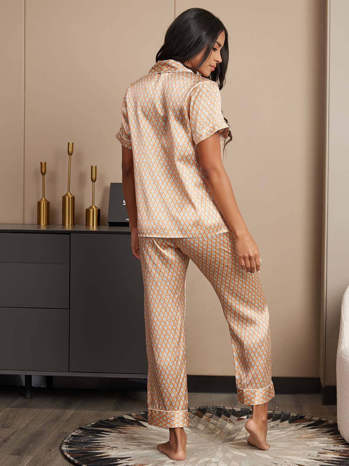 [Multi] SilkSilky-CA Pure Silk Short Sleeve Lapel Women's Pajamas 002