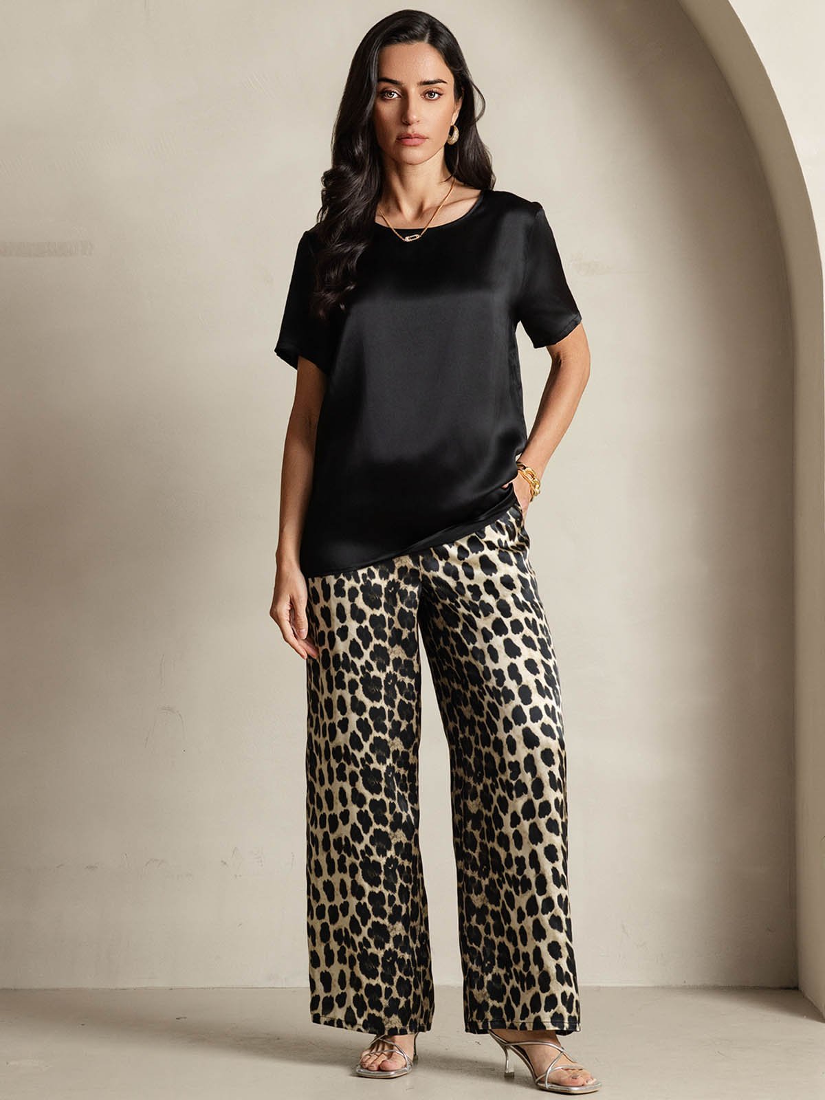 [Multi] SilkSilky-CA Pure Silk Short Sleeve Round Neck Women's Pajamas 001