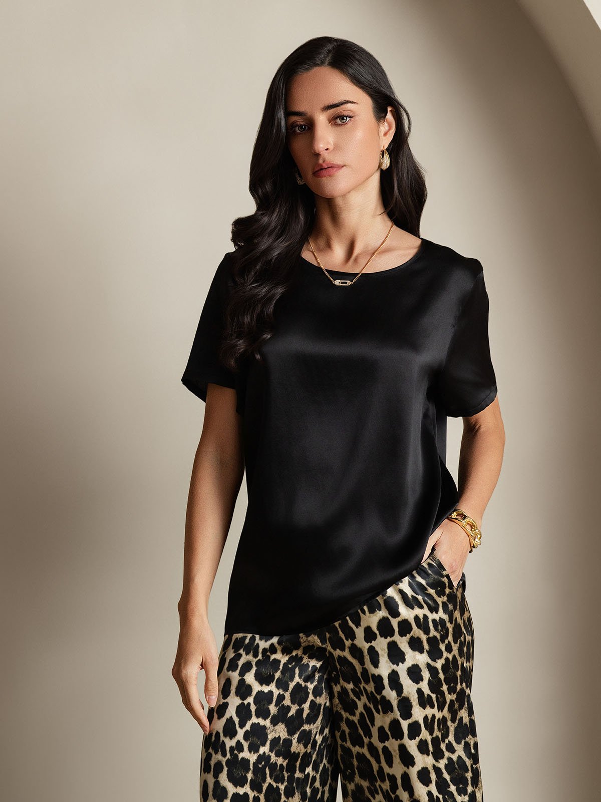 [Multi] SilkSilky-CA Pure Silk Short Sleeve Round Neck Women's Pajamas 005