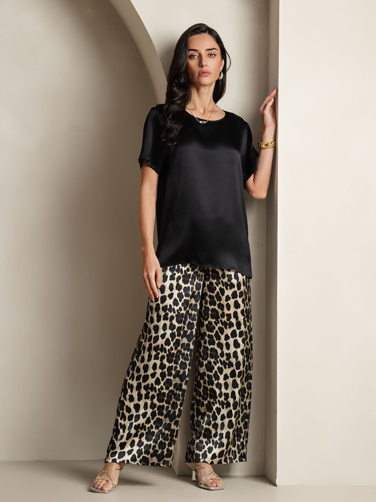 [Multi] SilkSilky-CA Pure Silk Short Sleeve Round Neck Women's Pajamas 006