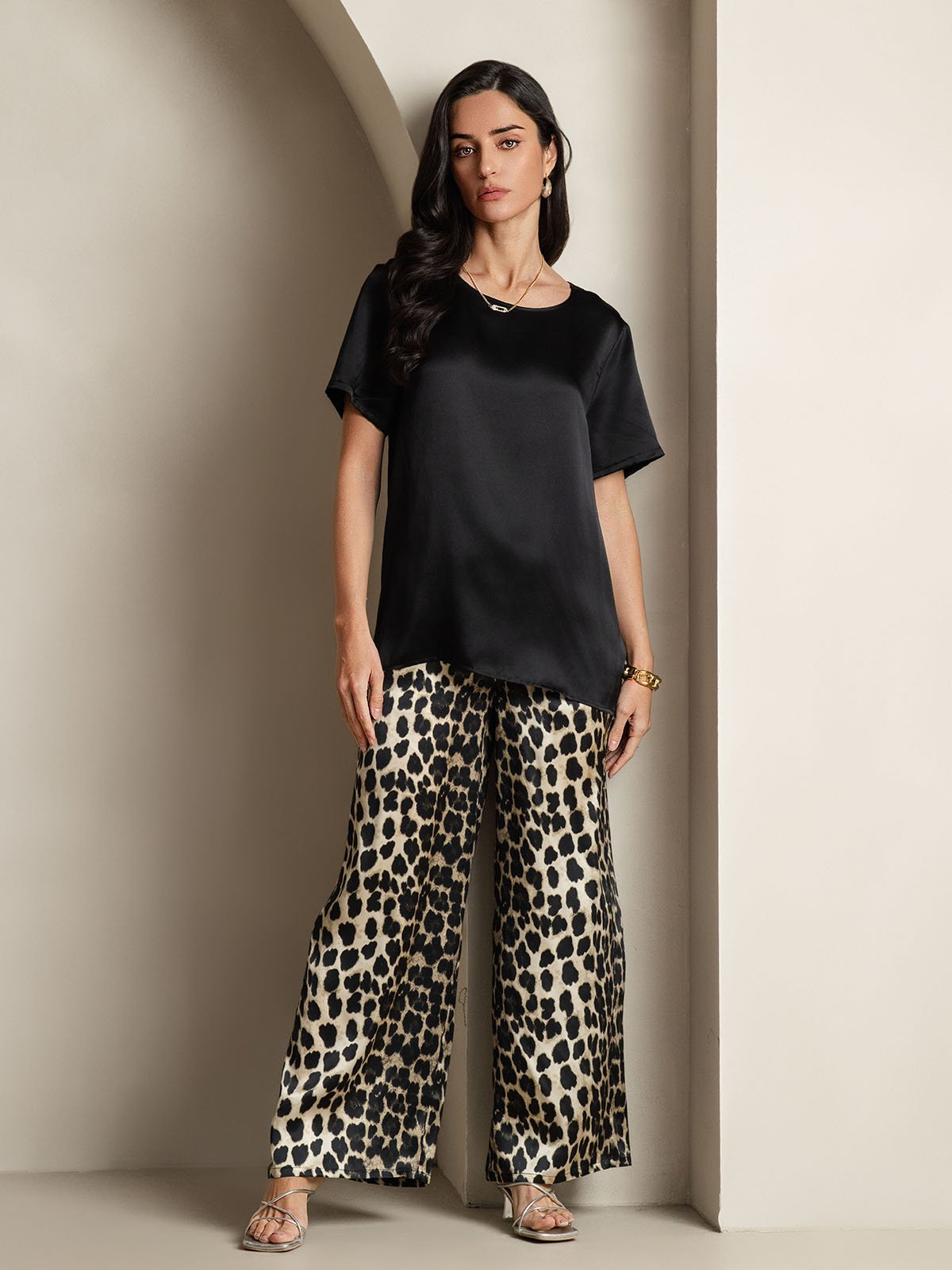 [Multi] SilkSilky-CA Pure Silk Short Sleeve Round Neck Women's Pajamas 007