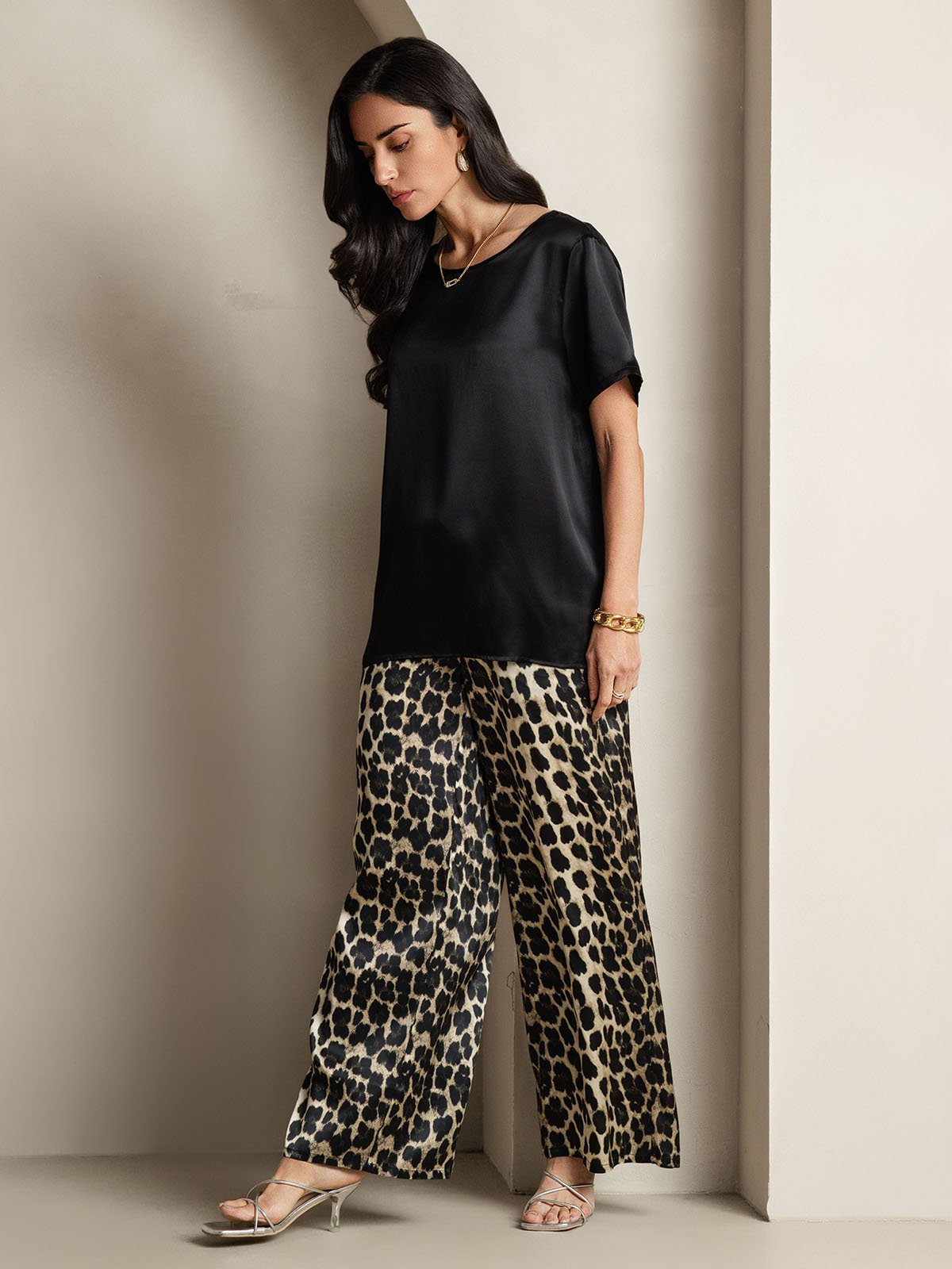 [Multi] SilkSilky-CA Pure Silk Short Sleeve Round Neck Women's Pajamas 008