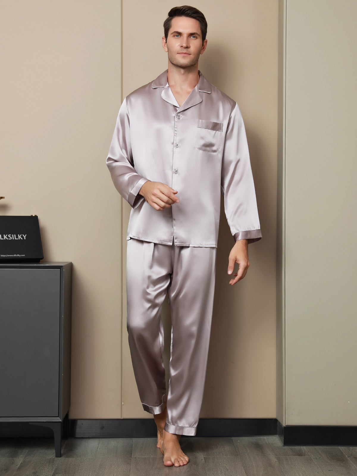 [Pale Mauve] SilkSilky-CA 19Momme Pure Silk Long Sleeve Lapel Men's Pajamas 001
