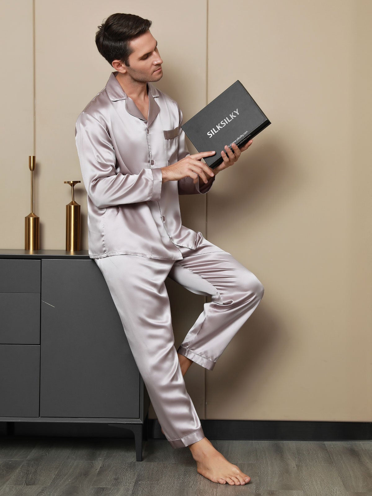 [Pale Mauve] SilkSilky-CA 19Momme Pure Silk Long Sleeve Lapel Men's Pajamas 003