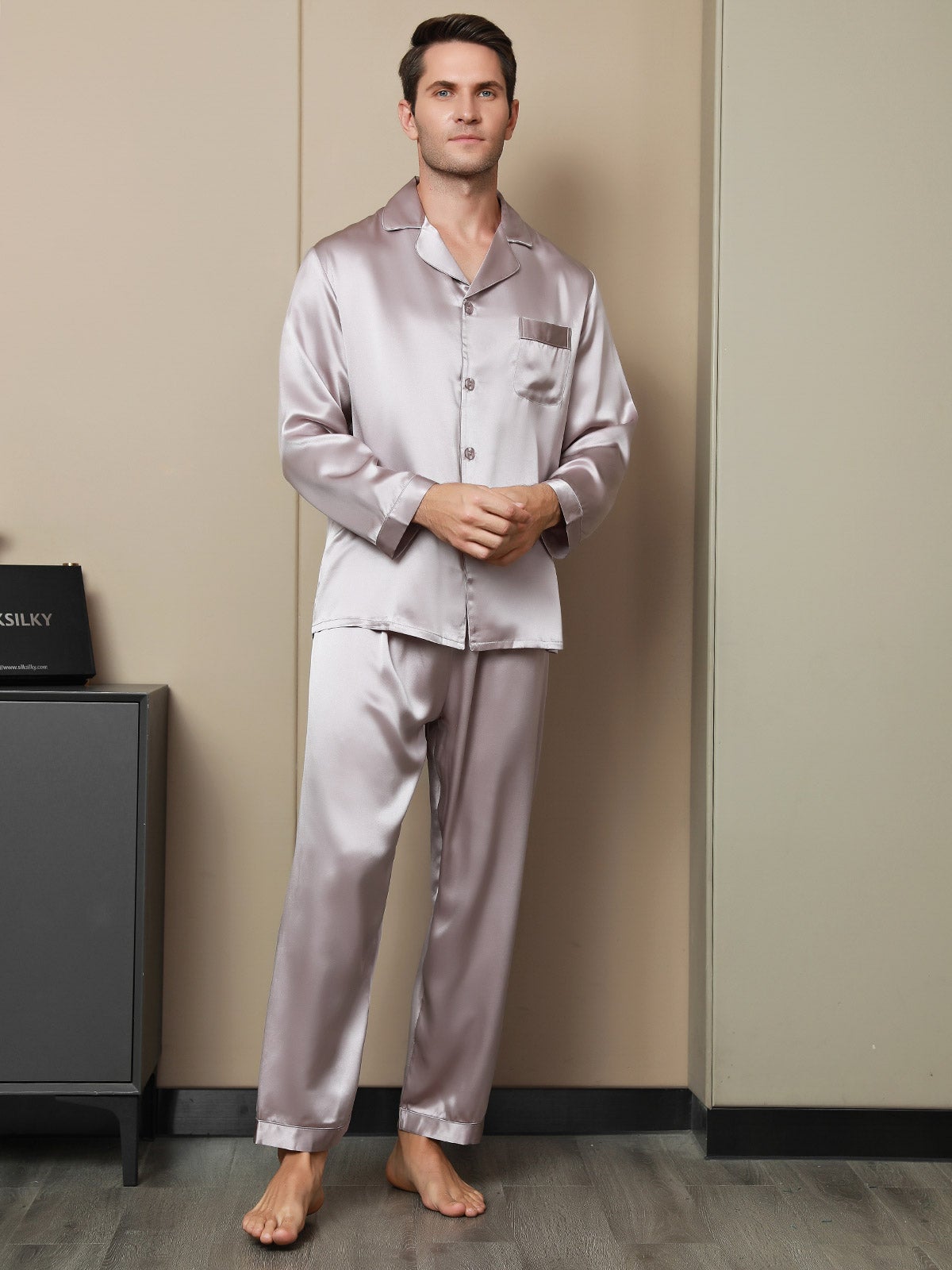 [Pale Mauve] SilkSilky-CA 19Momme Pure Silk Long Sleeve Lapel Men's Pajamas 004