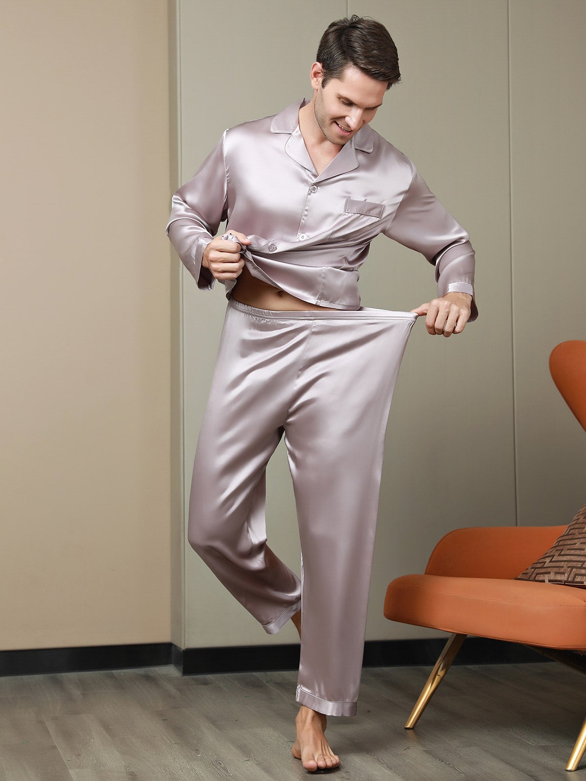 [Pale Mauve] SilkSilky-CA 19Momme Pure Silk Long Sleeve Lapel Men's Pajamas 007