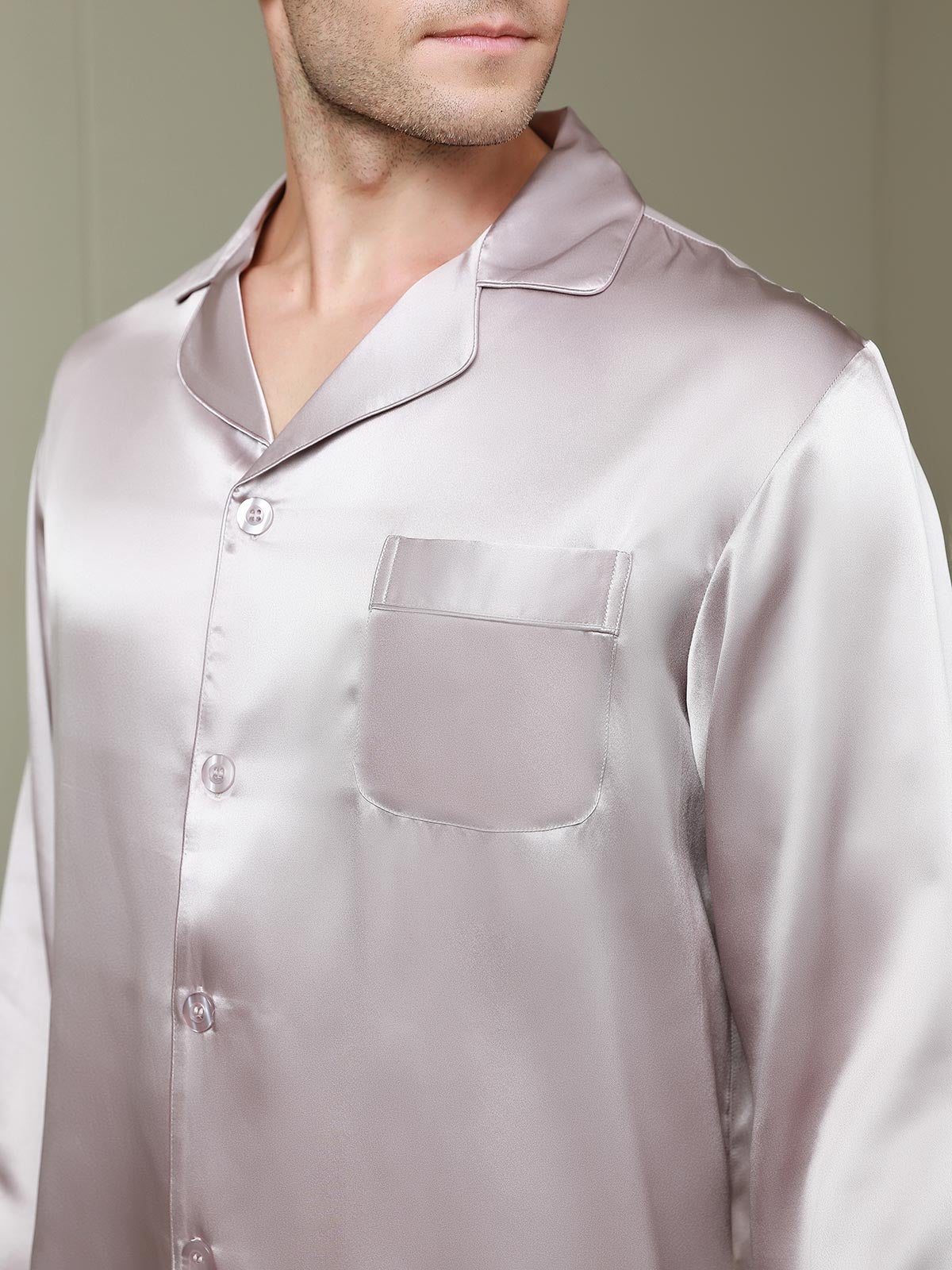 [Pale Mauve] SilkSilky-CA 19Momme Pure Silk Long Sleeve Lapel Men's Pajamas 008
