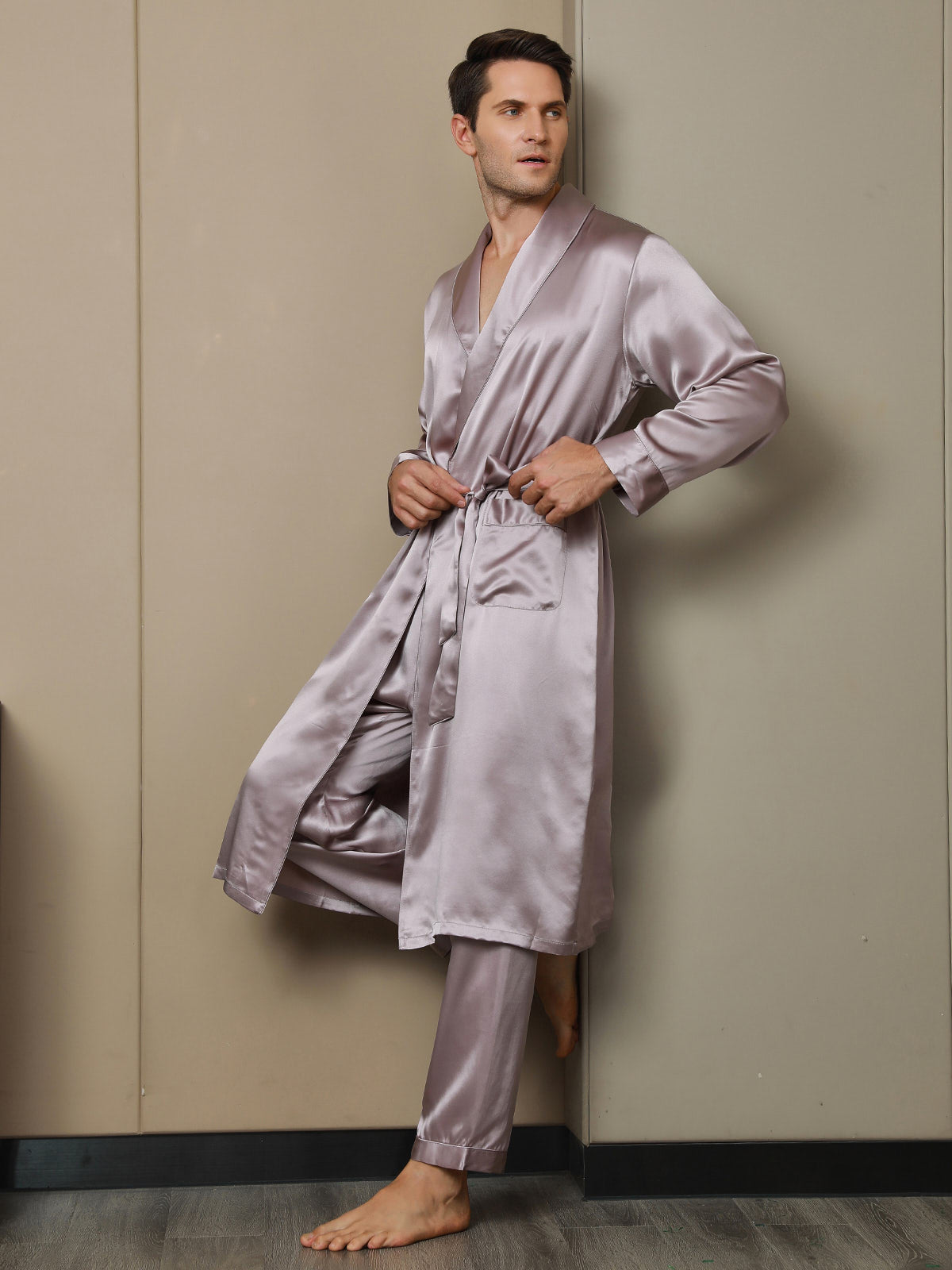 [Pale Mauve] SilkSilky-CA 19Momme Pure Silk Long Sleeve Lapel Men's Robe 006